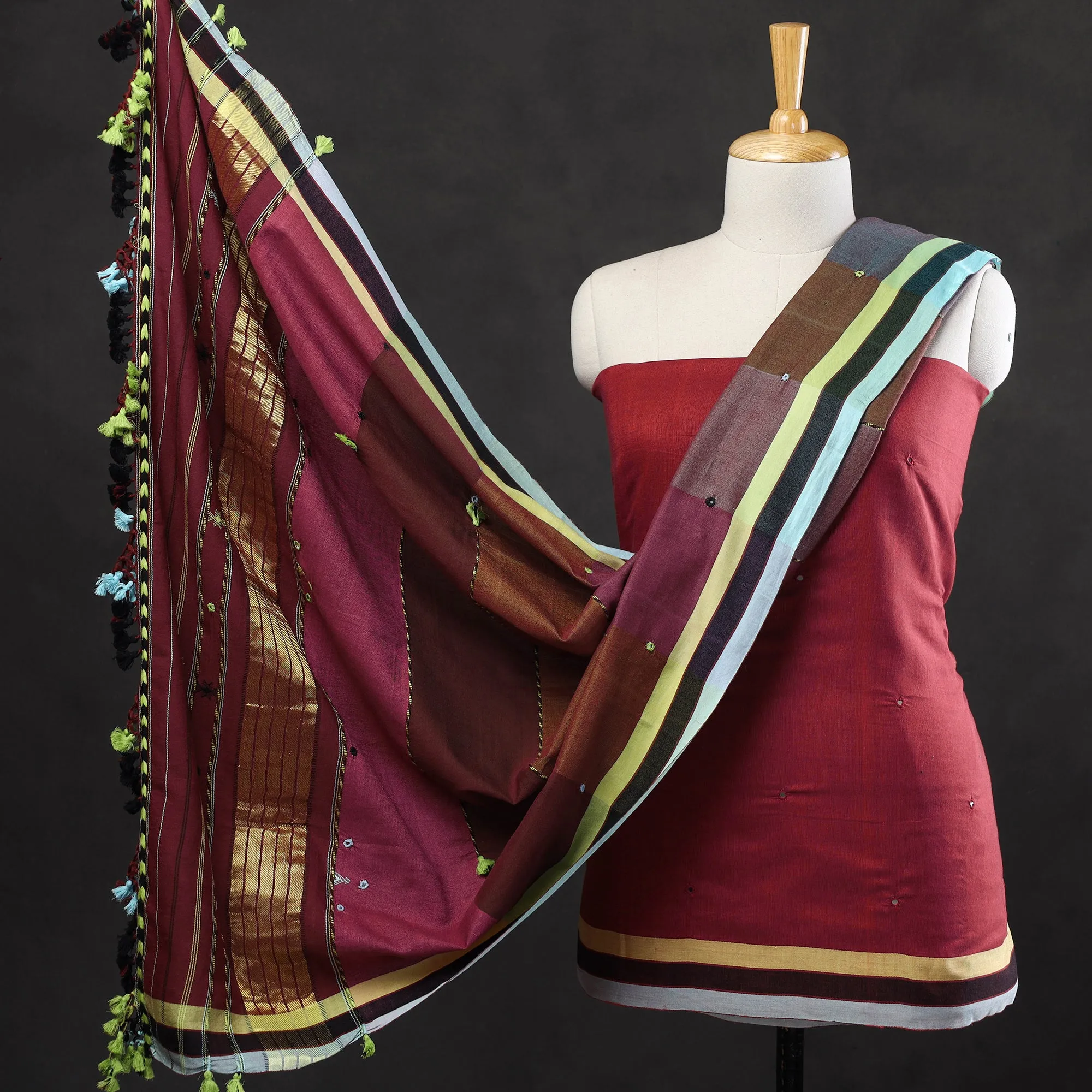 Red - 3pc Bhujodi Mirror Work Handloom Cotton Suit Material Set 06