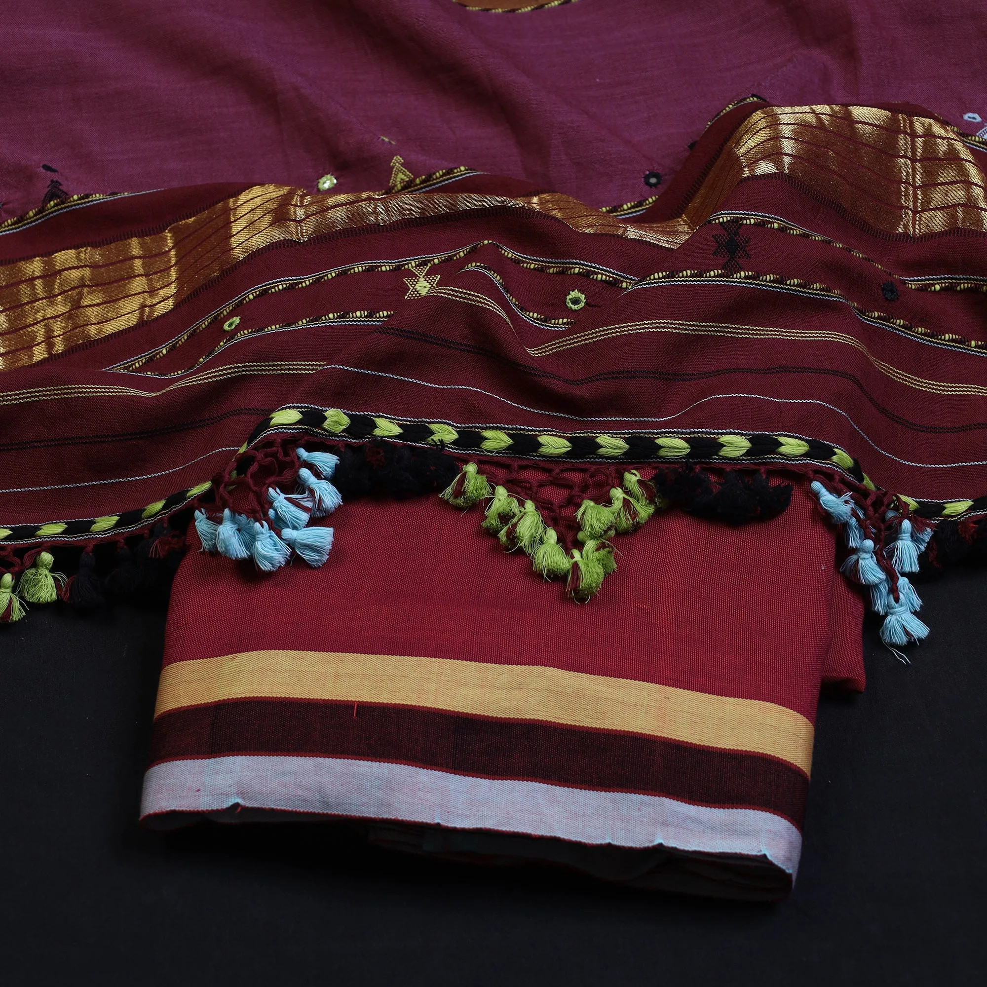 Red - 3pc Bhujodi Mirror Work Handloom Cotton Suit Material Set 06