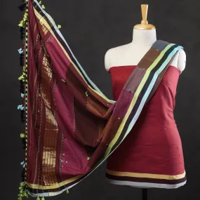 Red - 3pc Bhujodi Mirror Work Handloom Cotton Suit Material Set 06