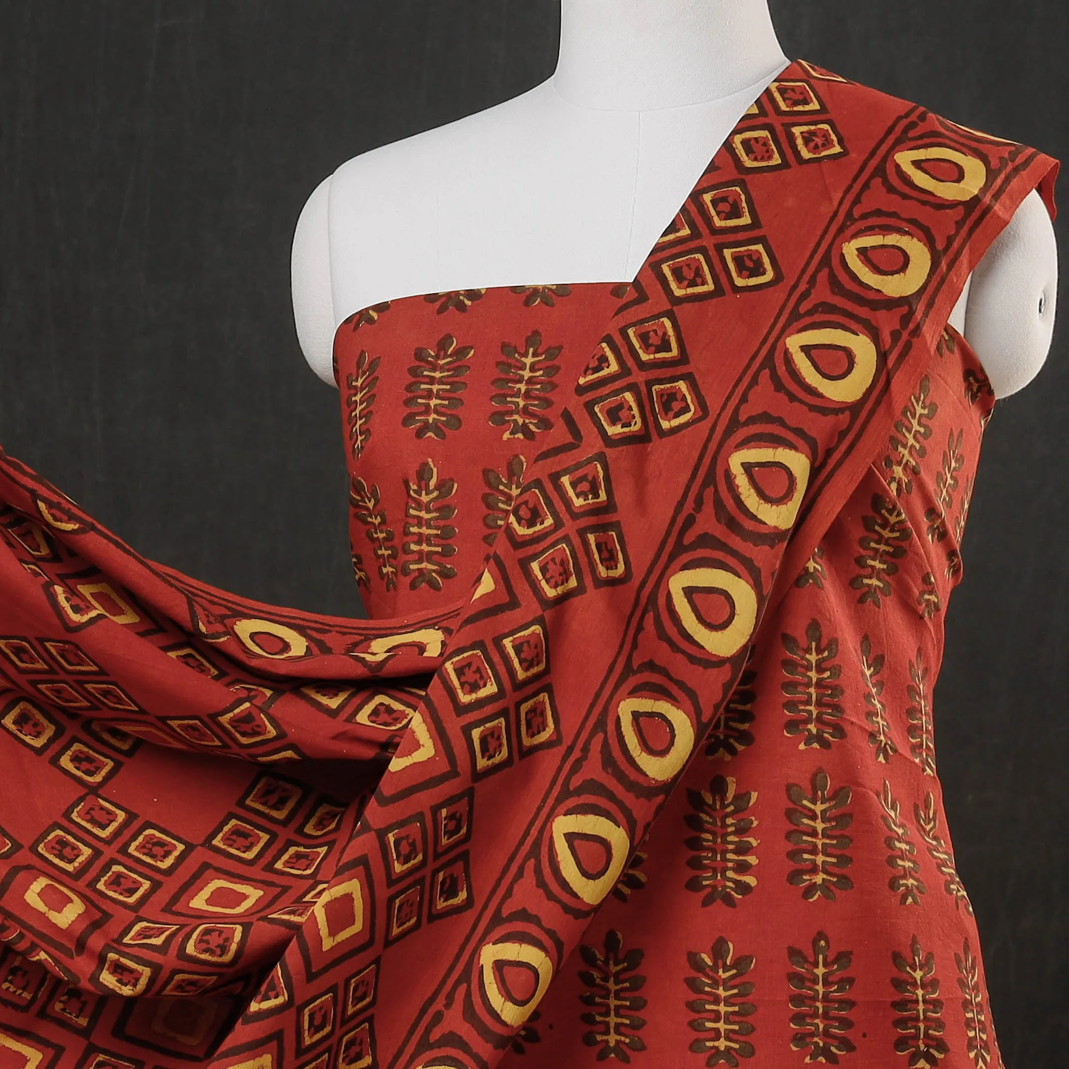 Red - 3pc Cotton Block Printed Pipad Dress Material Set