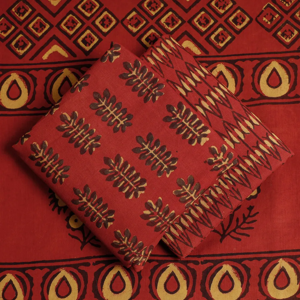 Red - 3pc Cotton Block Printed Pipad Dress Material Set
