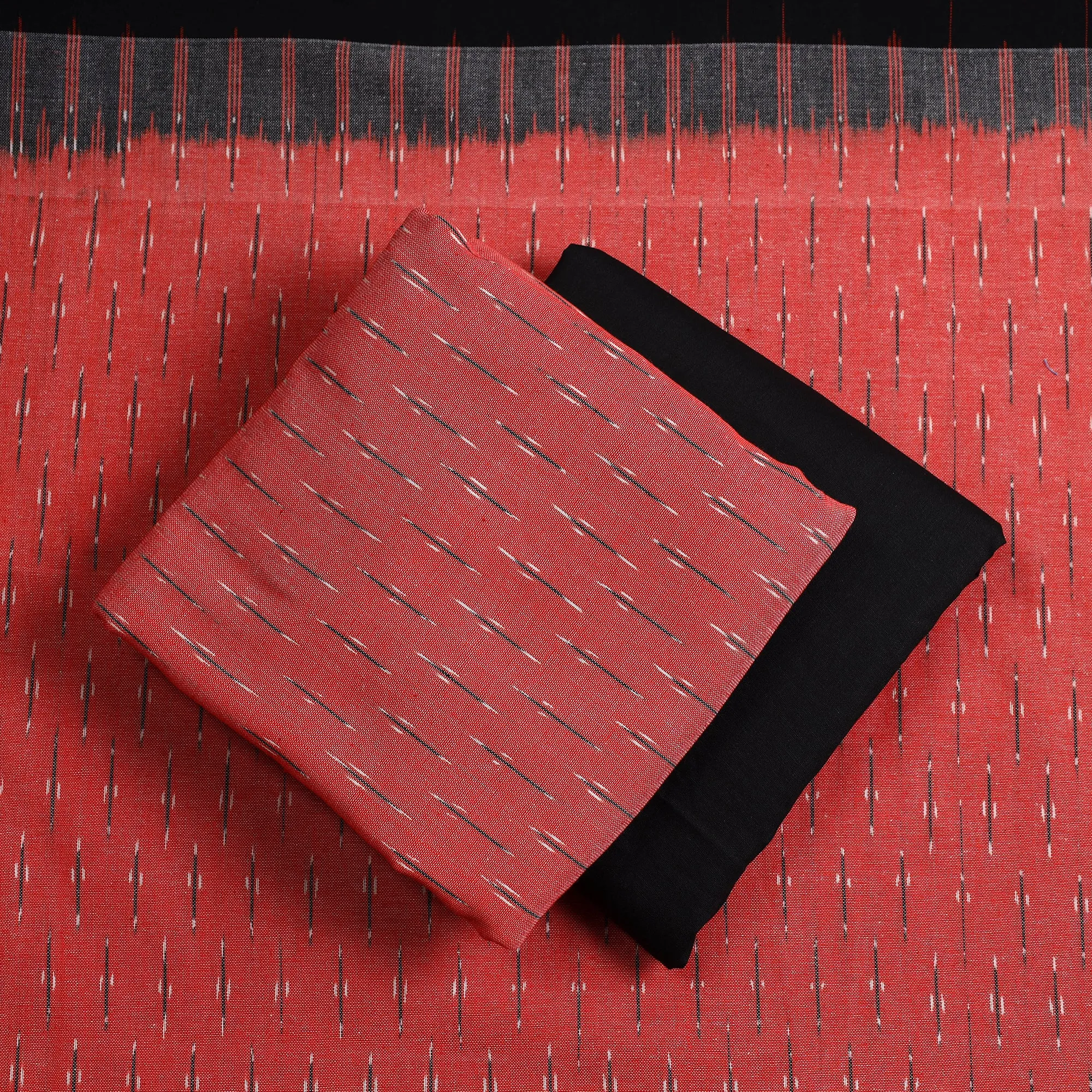 Red - 3pc Cotton Handloom Pochampally Ikat Dress Material 07
