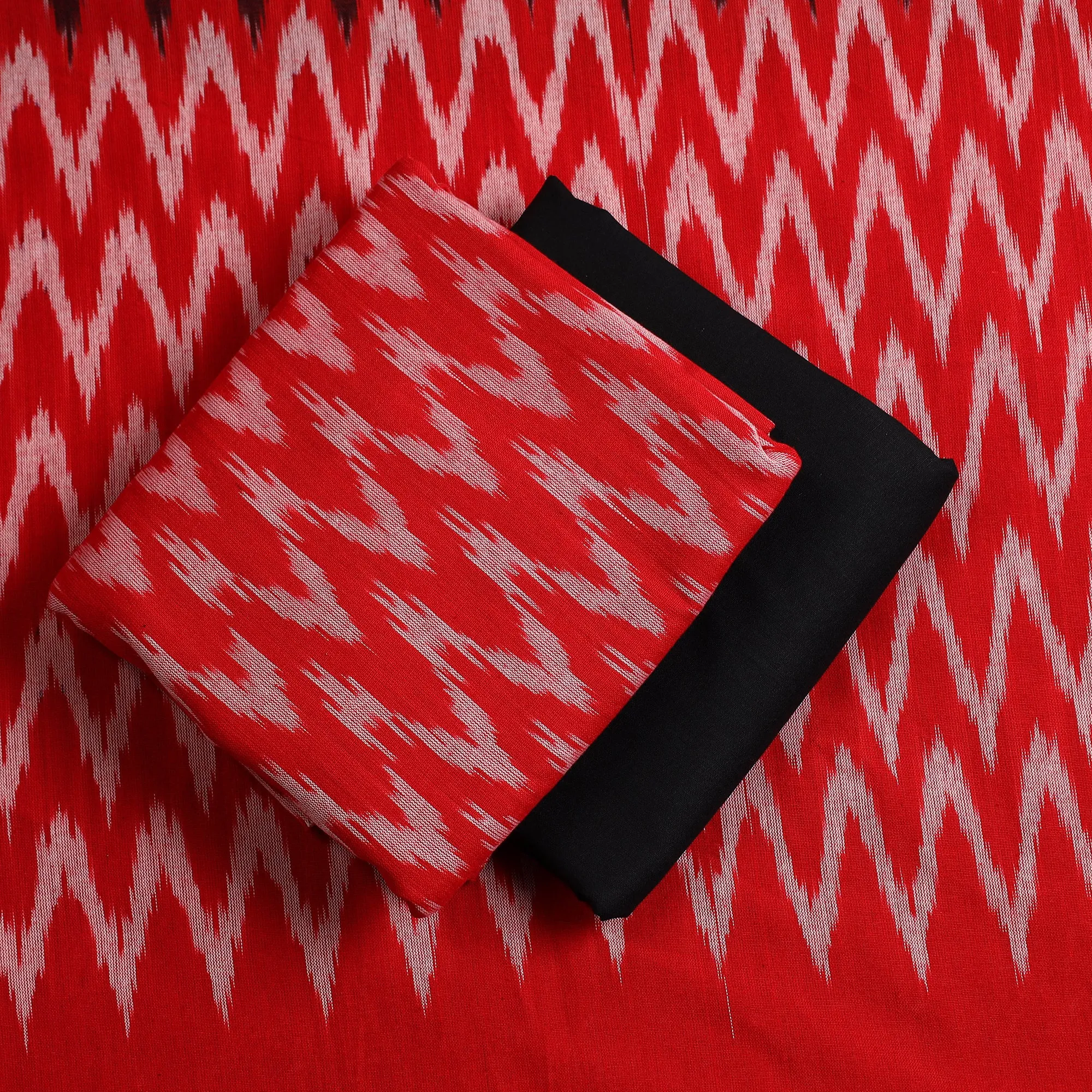Red - 3pc Cotton Handloom Pochampally Ikat Dress Material 08