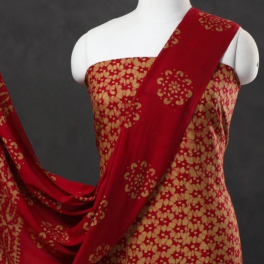 Red - 3pc Cotton Kutch Batik Print Dress Material 14