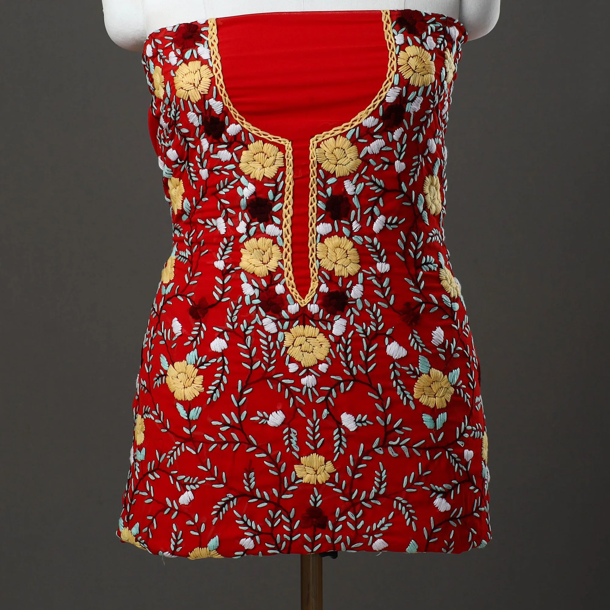 Red - 3pc Hand Embroidery Georgette Phulkari Dress Material 31