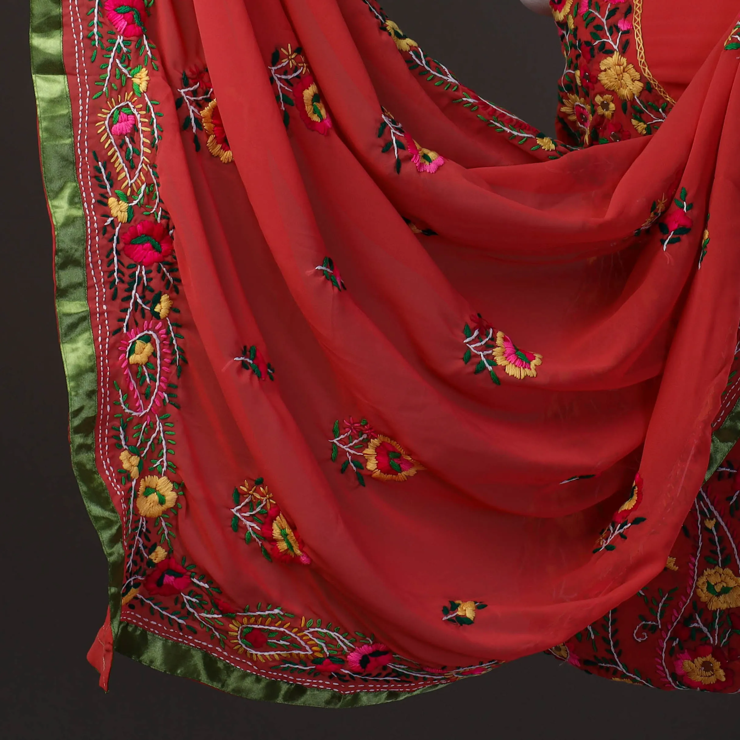 Red - 3pc Hand Embroidery Georgette Phulkari Dress Material 32