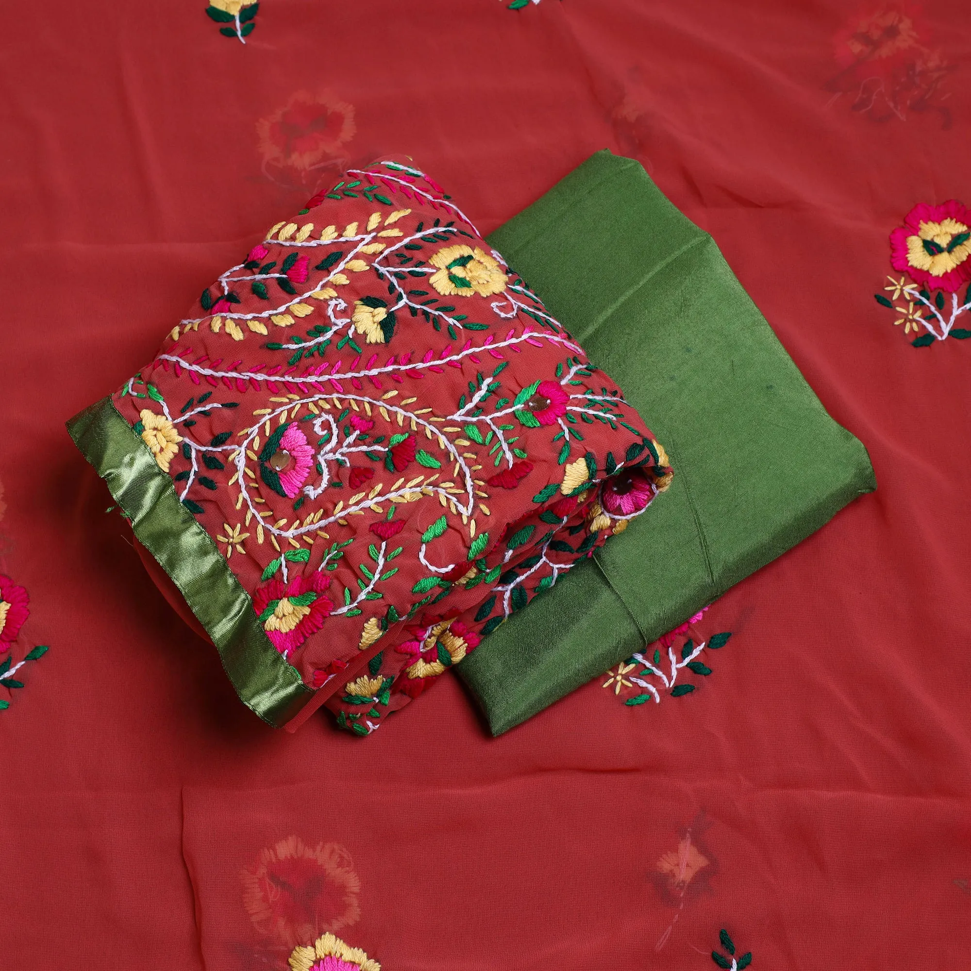 Red - 3pc Hand Embroidery Georgette Phulkari Dress Material 32