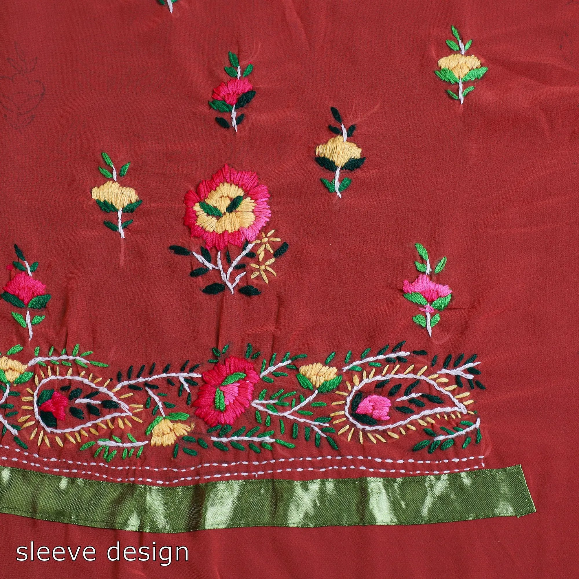Red - 3pc Hand Embroidery Georgette Phulkari Dress Material 32