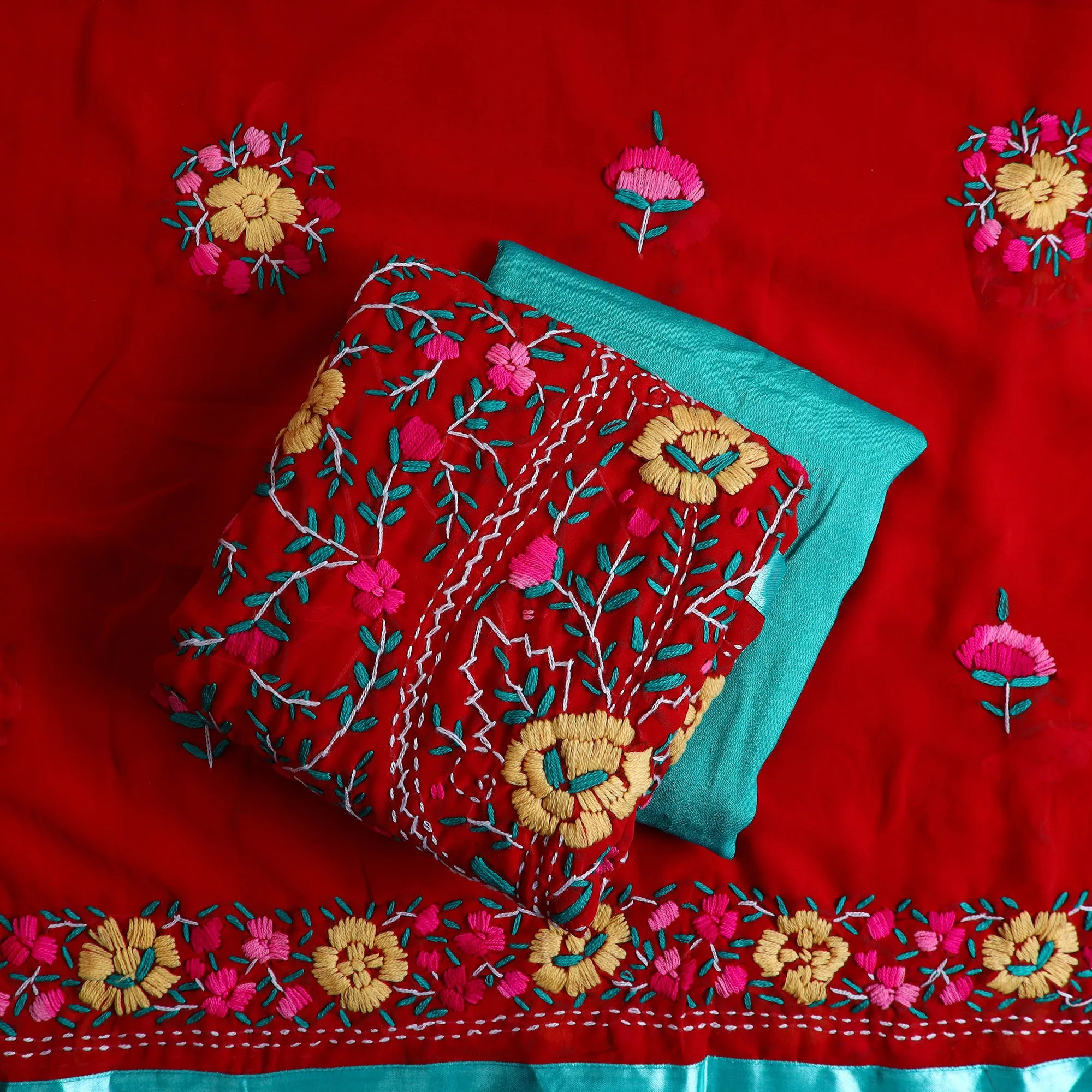 Red - 3pc Hand Embroidery Georgette Phulkari Dress Material 38