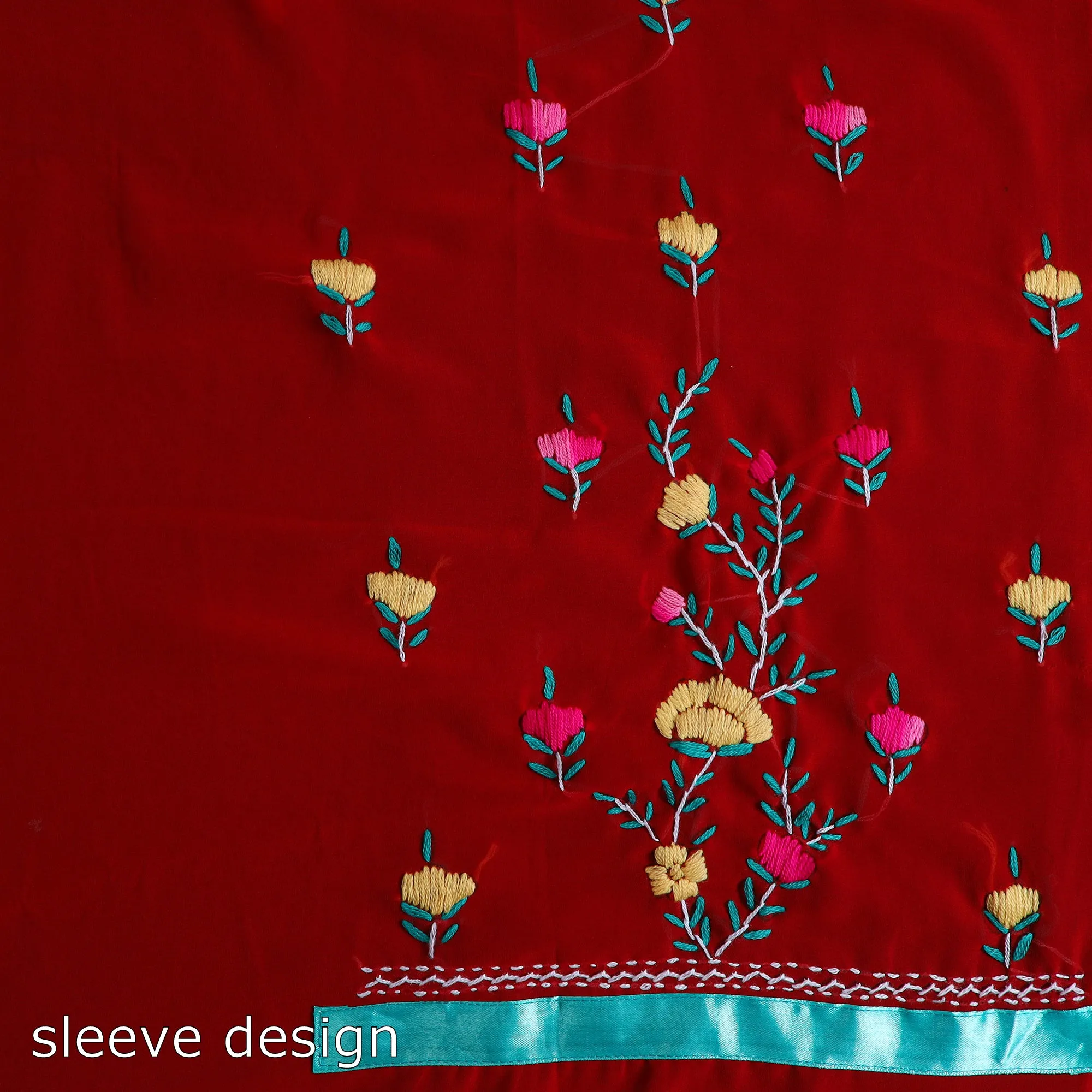 Red - 3pc Hand Embroidery Georgette Phulkari Dress Material 38