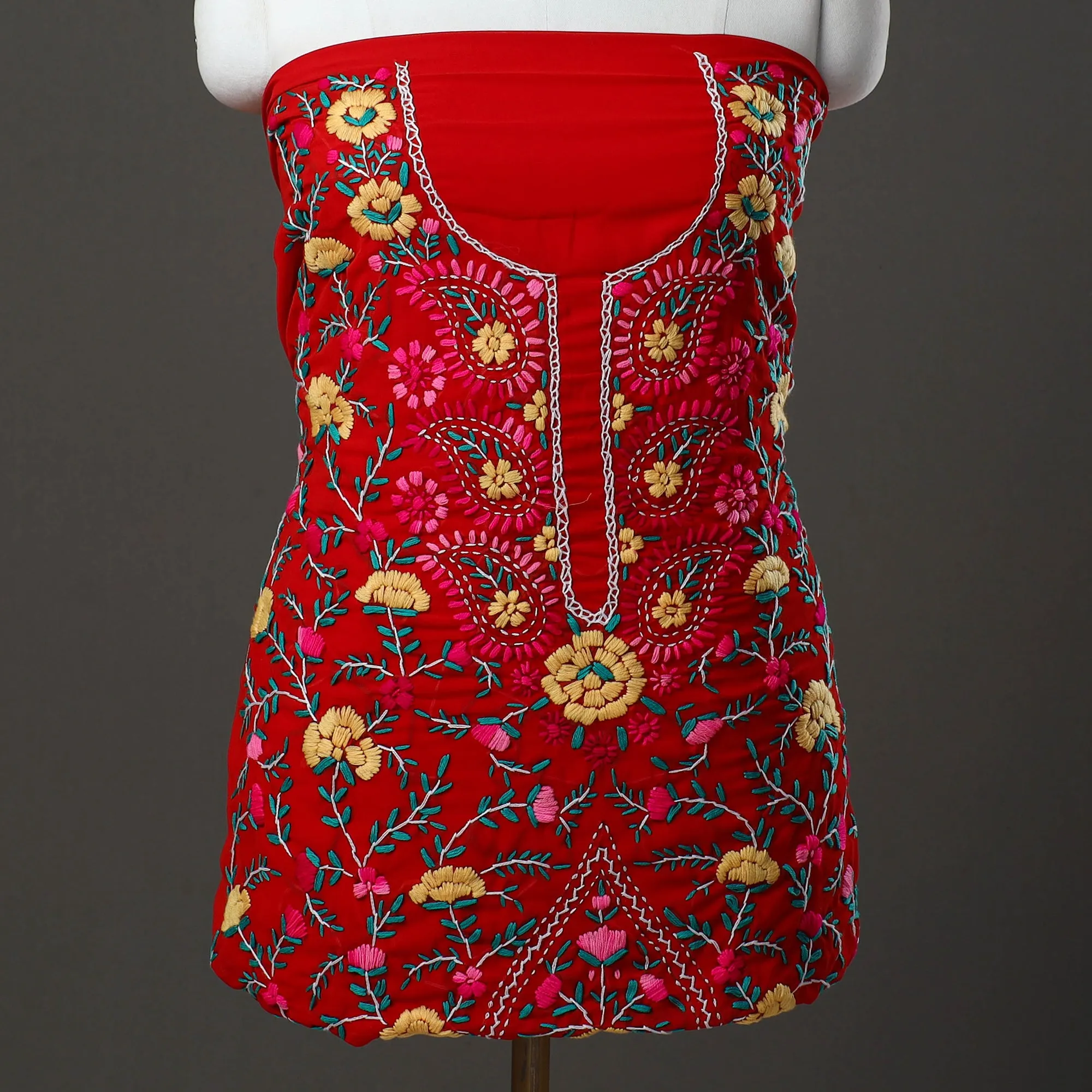 Red - 3pc Hand Embroidery Georgette Phulkari Dress Material 38