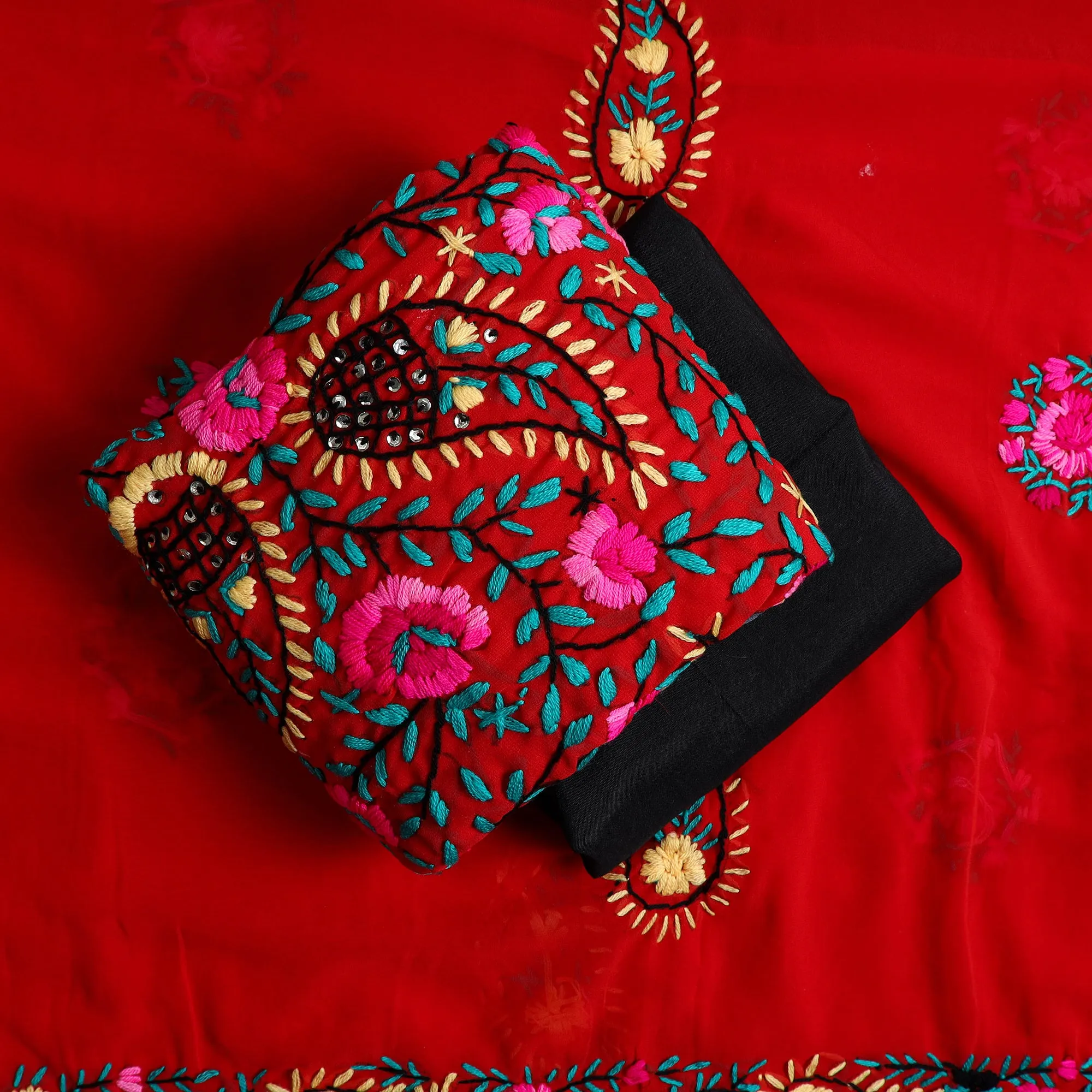 Red - 3pc Hand Embroidery Georgette Phulkari Dress Material 63