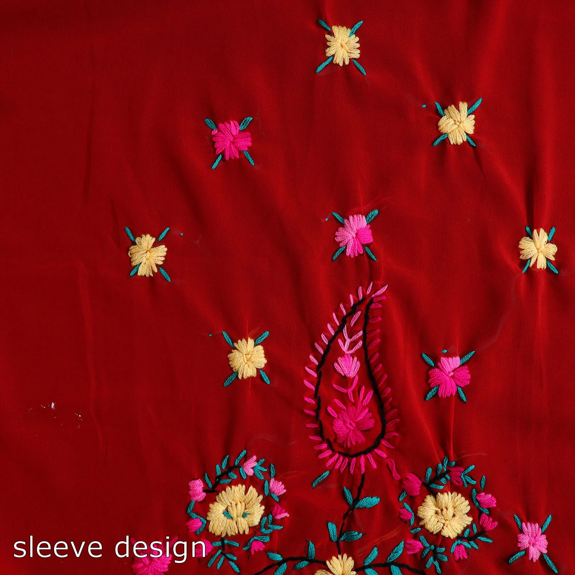 Red - 3pc Hand Embroidery Georgette Phulkari Dress Material 63