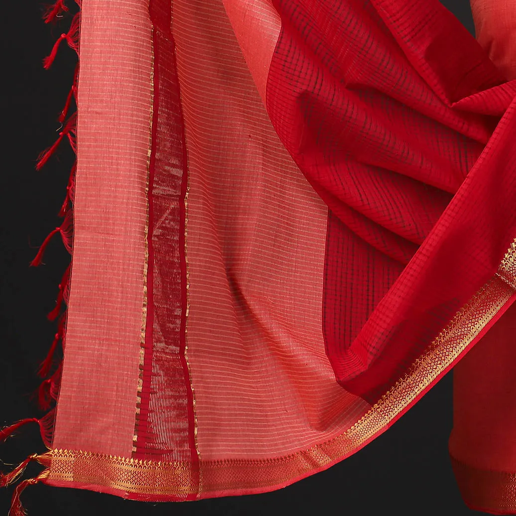 Red - 3pc Handloom Cotton Mangalagiri Dress Material 14