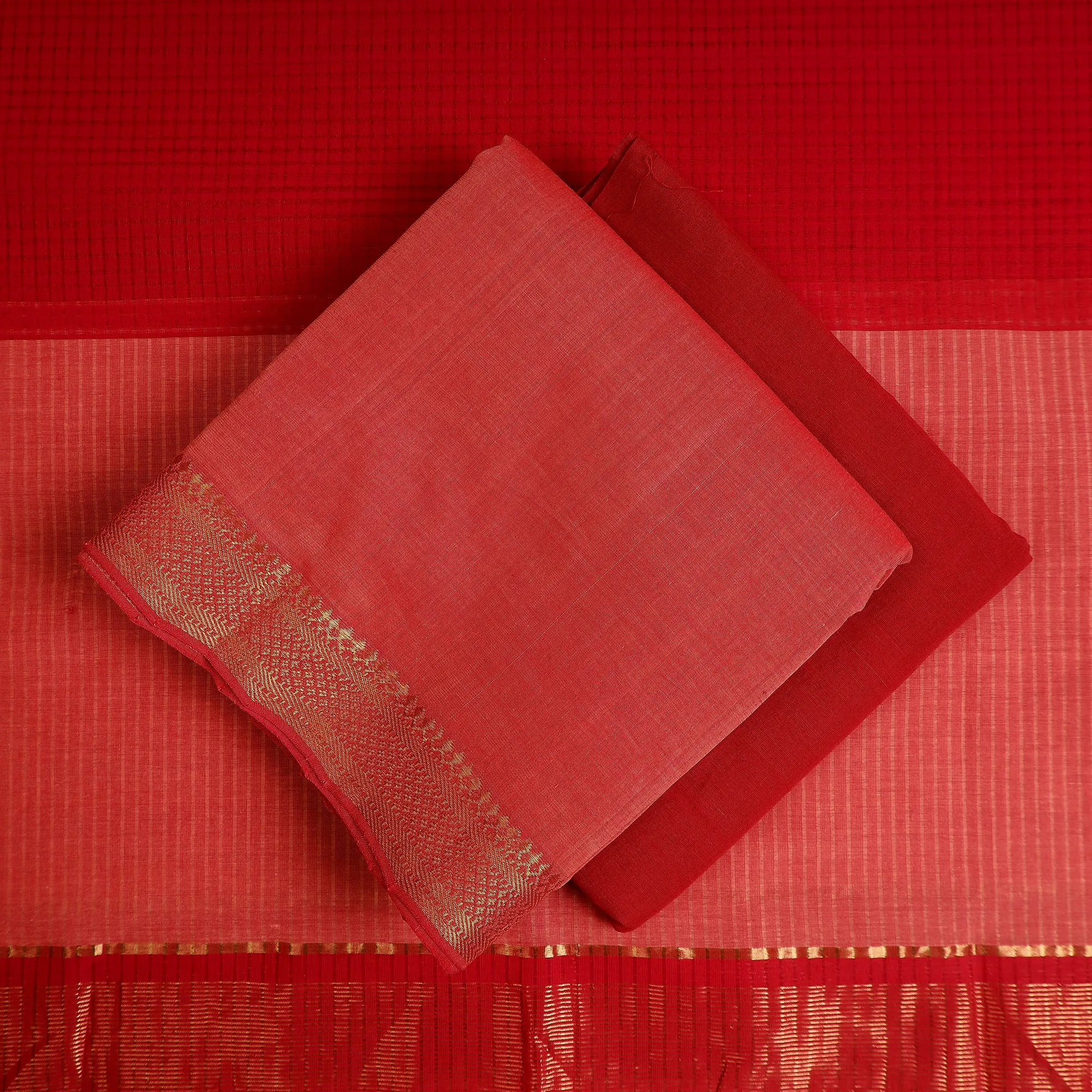 Red - 3pc Handloom Cotton Mangalagiri Dress Material 14
