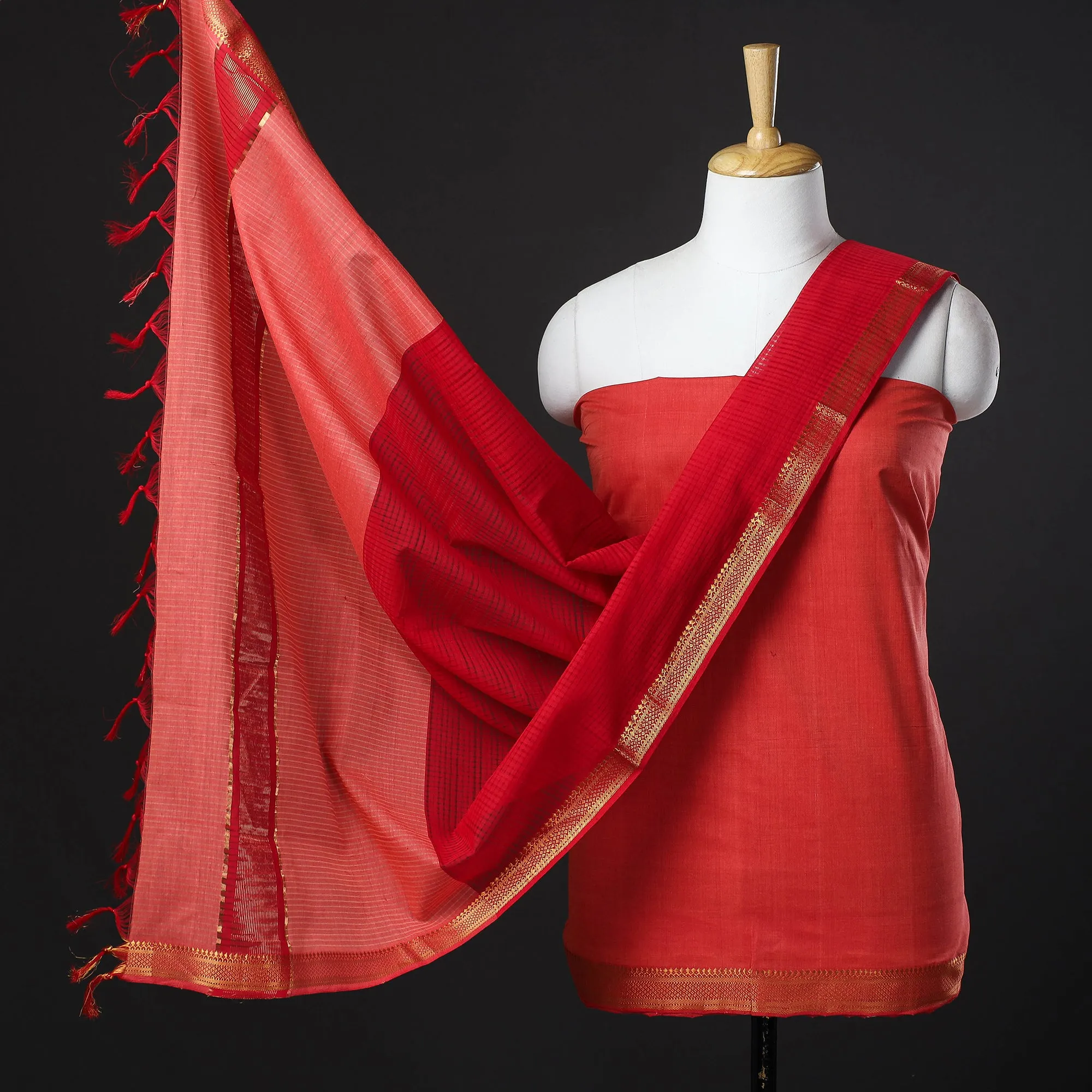 Red - 3pc Handloom Cotton Mangalagiri Dress Material 14