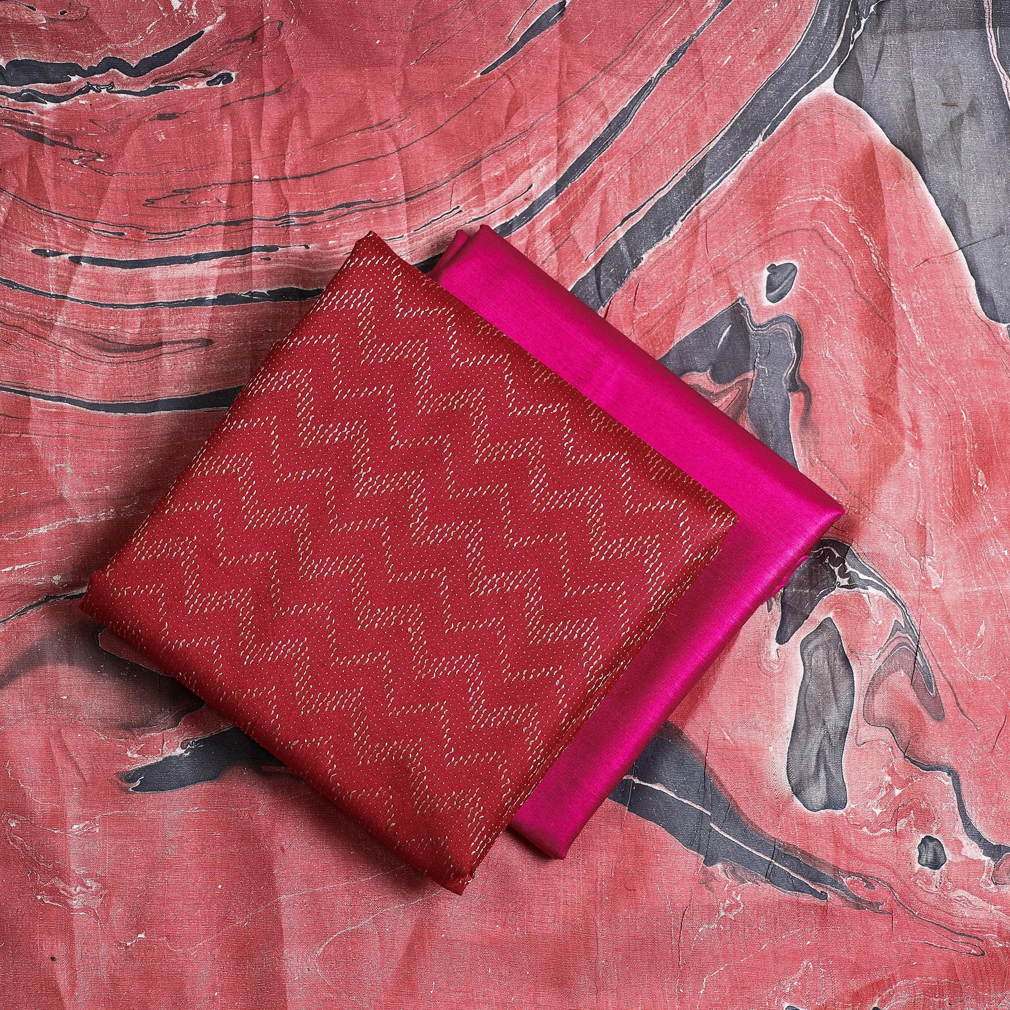 Red - 3pc Handloom Mulberry Suit Material Set with Banana Silk Marble Printed Dupatta