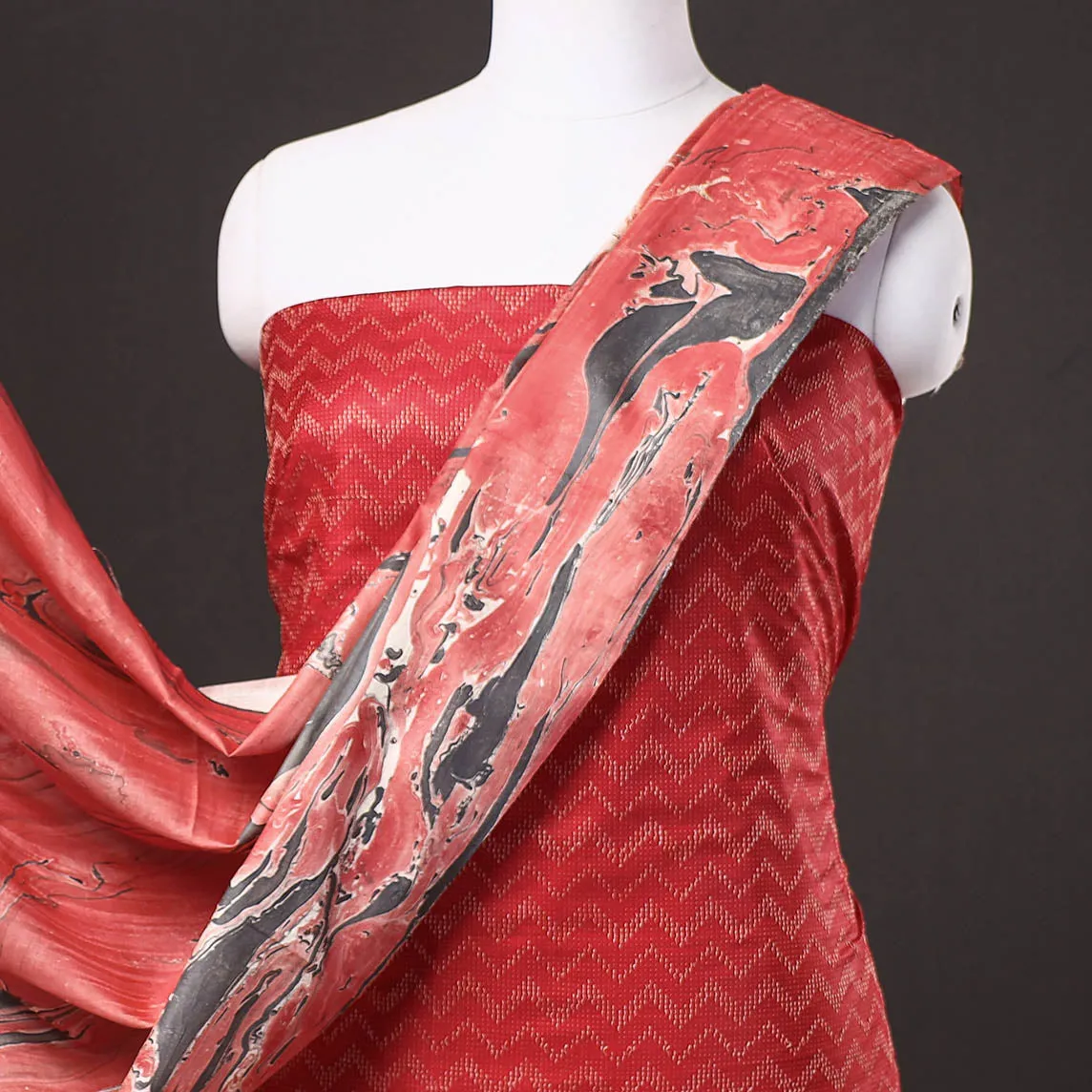 Red - 3pc Handloom Mulberry Suit Material Set with Banana Silk Marble Printed Dupatta