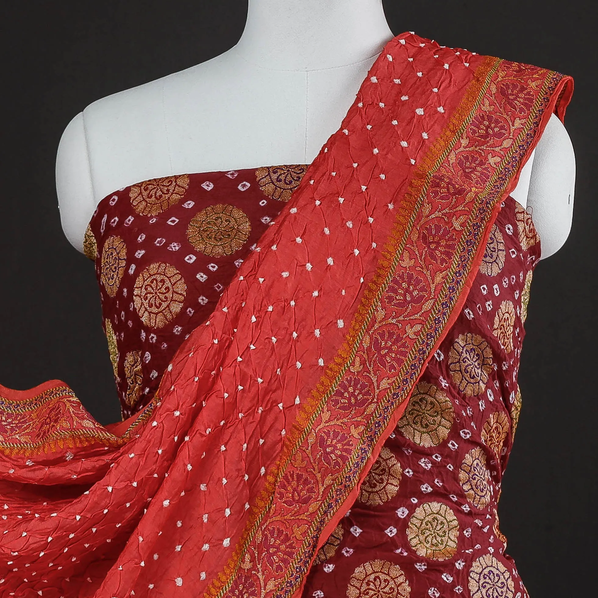 Red - 3pc Kutch Bandhani Tie-Dye Heavy Work Gajji Silk Suit Material Set