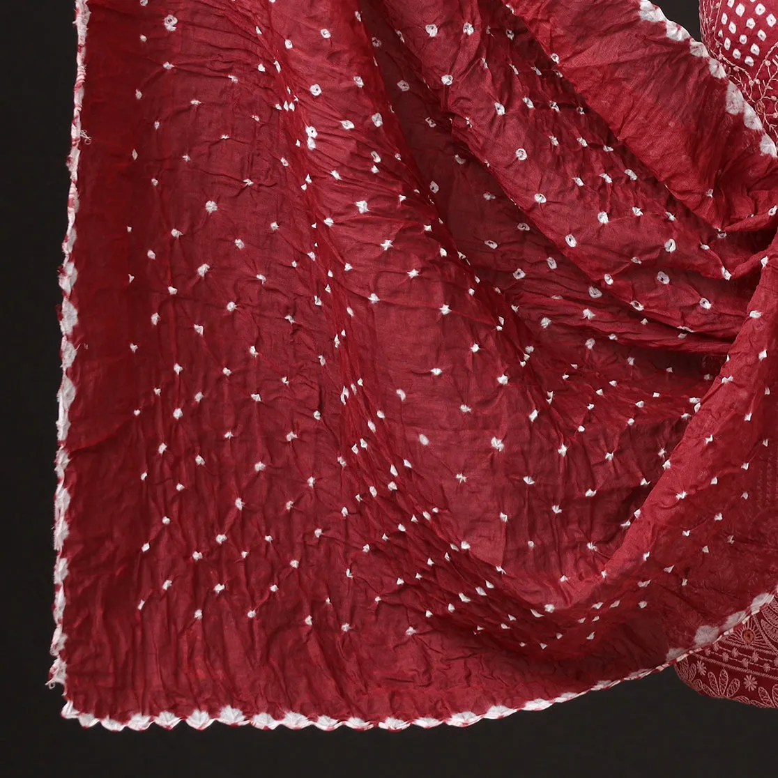 Red - 3pc Kutch Bandhani Tie-Dye Mirror Work Satin Cotton Suit Material Set 46