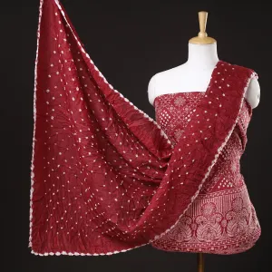 Red - 3pc Kutch Bandhani Tie-Dye Mirror Work Satin Cotton Suit Material Set 46
