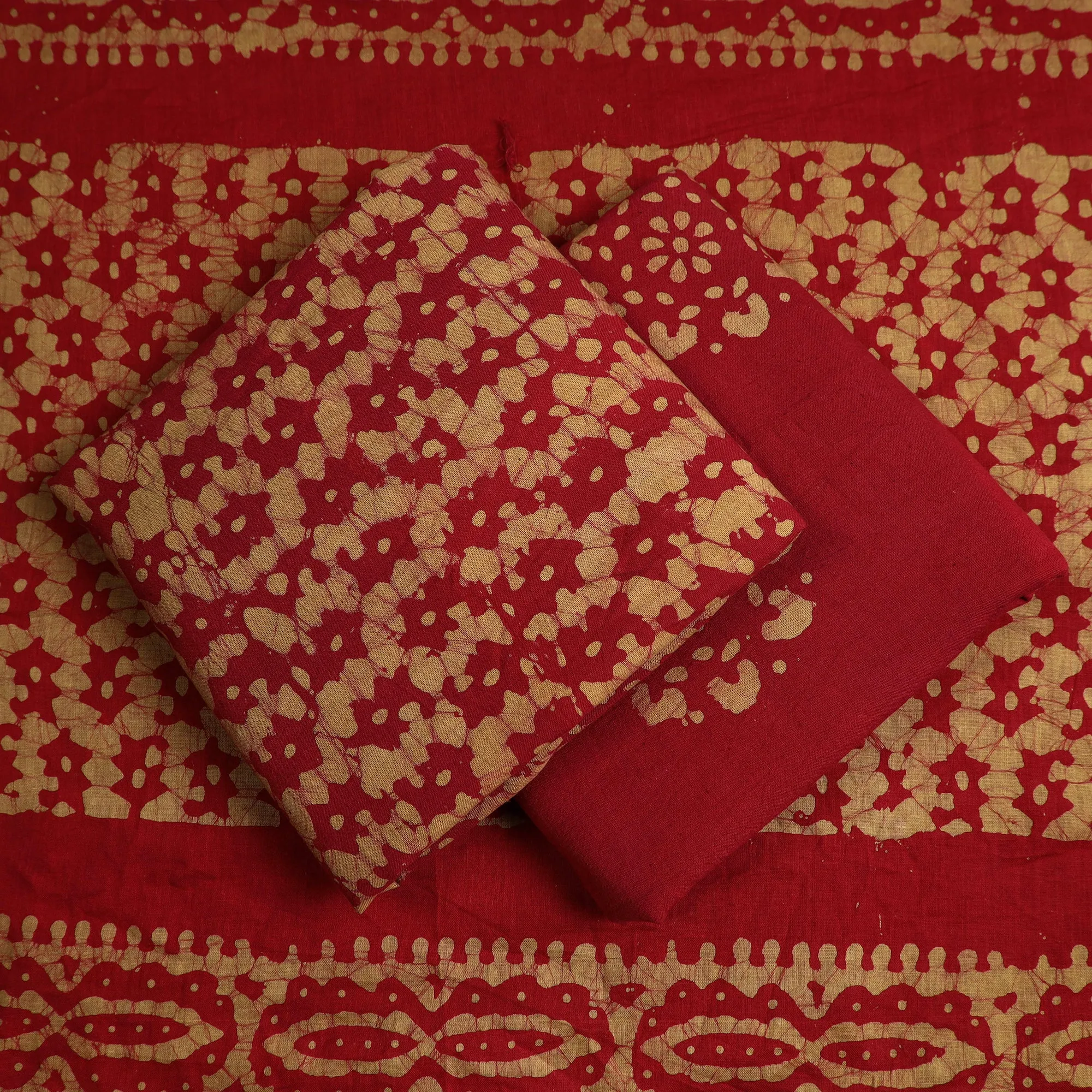 Red - 3pc Kutch Batik Printed Cotton Suit Material Set 04