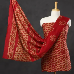 Red - 3pc Kutch Batik Printed Cotton Suit Material Set 04
