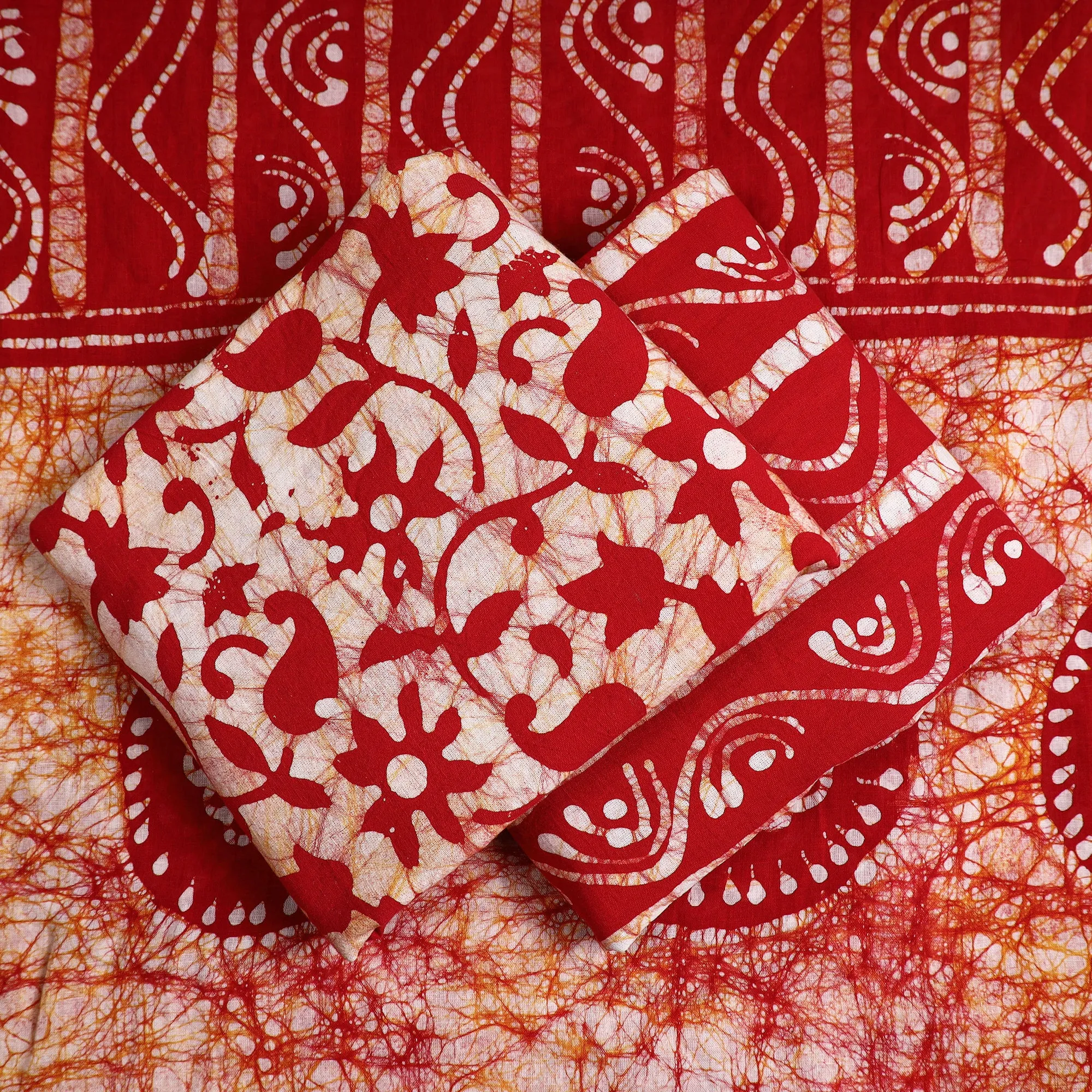 Red - 3pc Kutch Batik Printed Cotton Suit Material Set 08