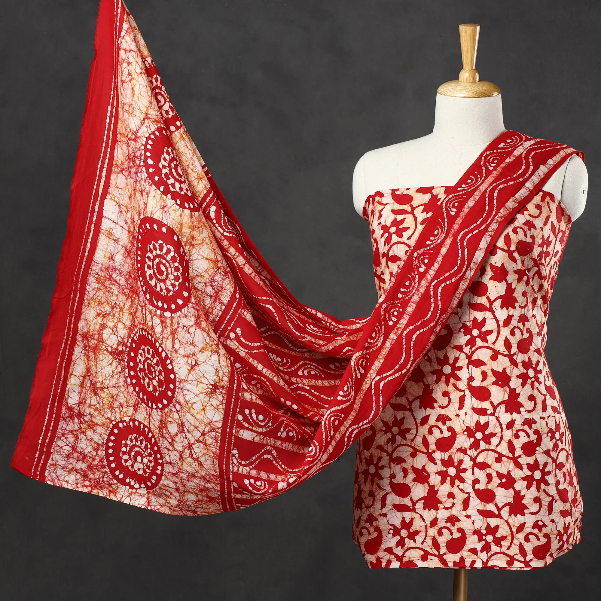 Red - 3pc Kutch Batik Printed Cotton Suit Material Set 08