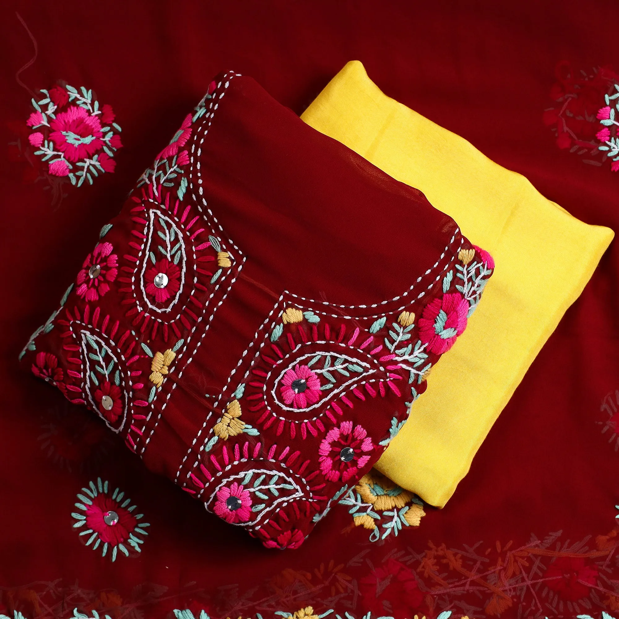 Red - 3pc Phulkari Embroidery Chapa Work Georgette Suit Material Set 22