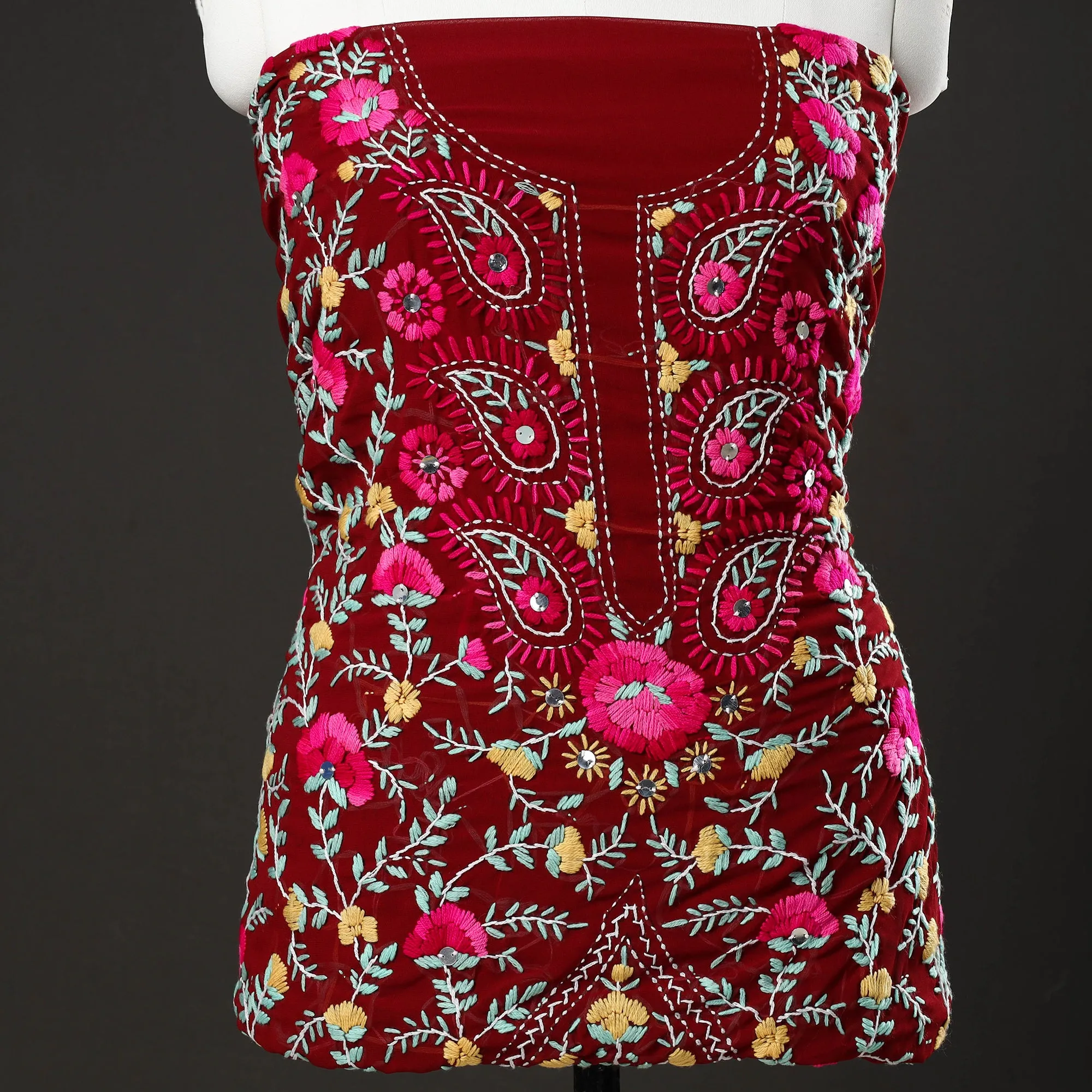 Red - 3pc Phulkari Embroidery Chapa Work Georgette Suit Material Set 22