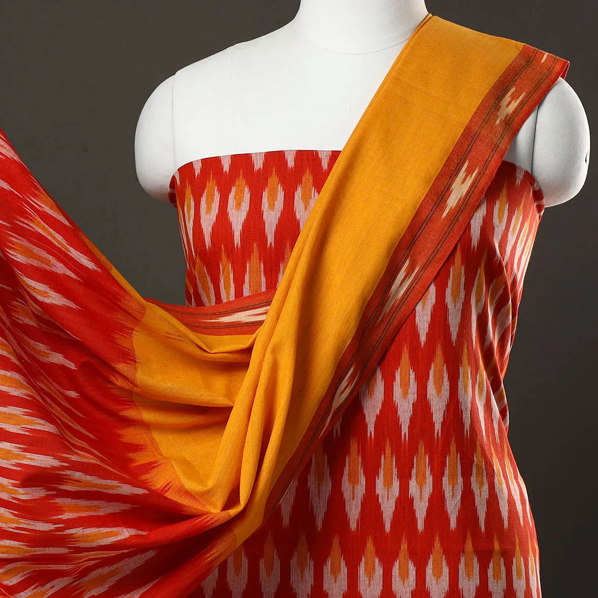 Red - 3pc Pochampally Ikat Handloom Cotton Suit Material Set 07