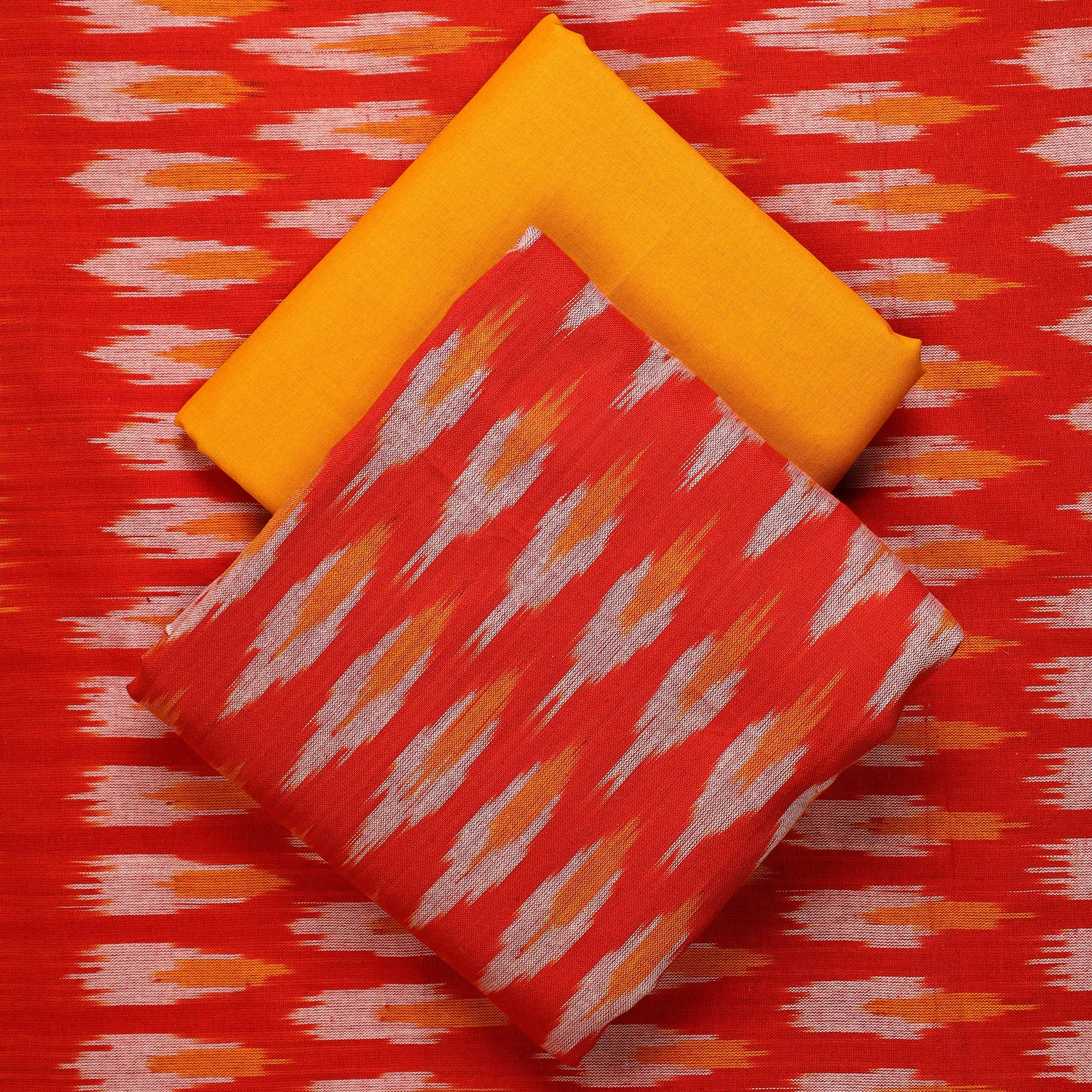 Red - 3pc Pochampally Ikat Handloom Cotton Suit Material Set 07