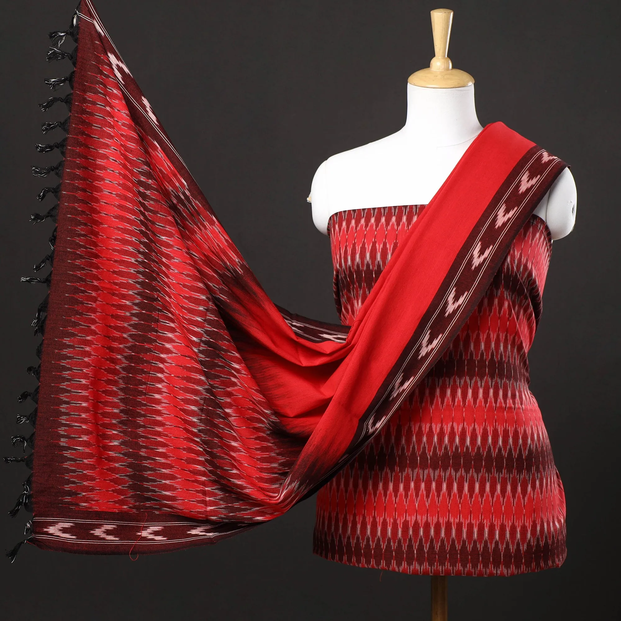 Red - 3pc Pochampally Ikat Weave Handloom Cotton Suit Material Set