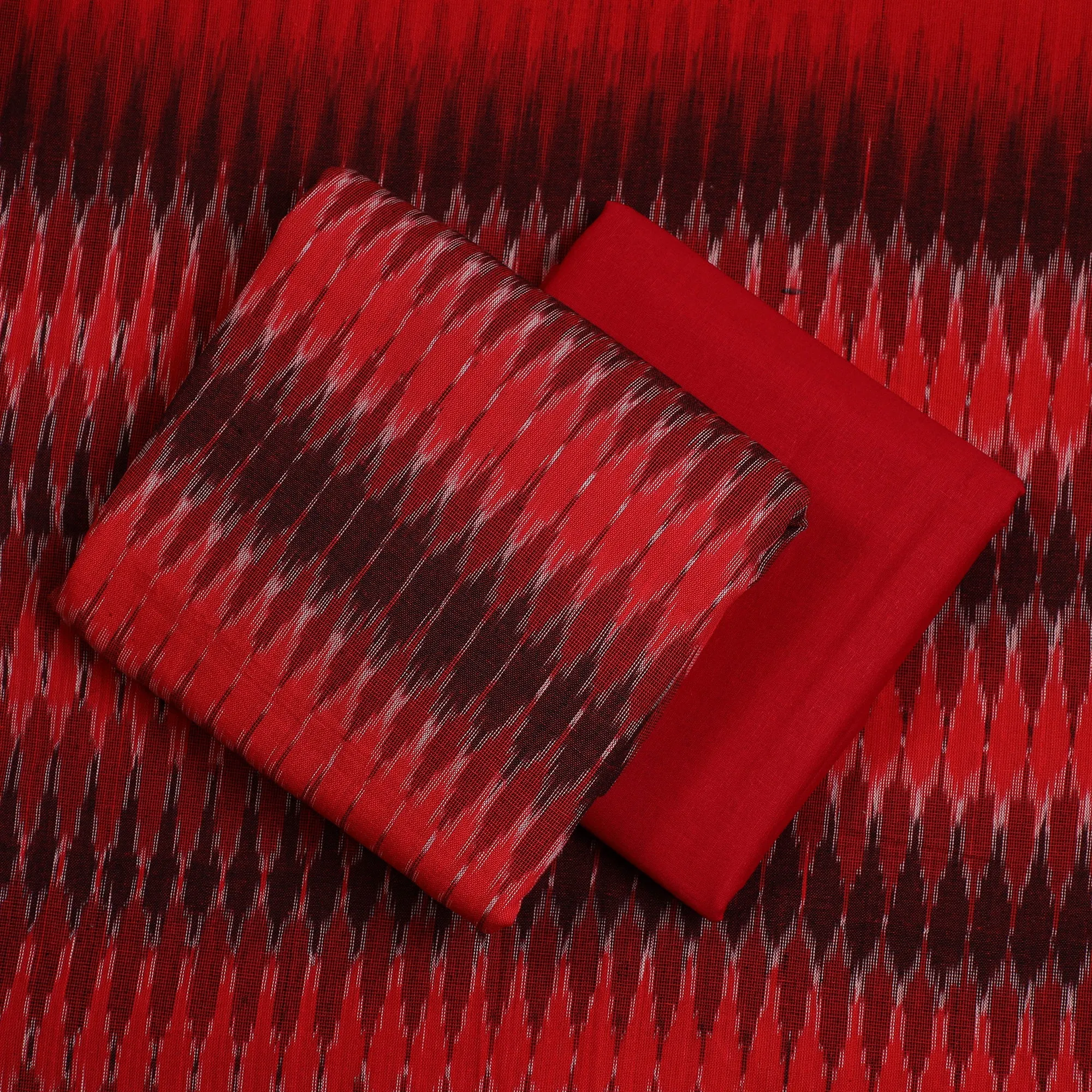 Red - 3pc Pochampally Ikat Weave Handloom Cotton Suit Material Set