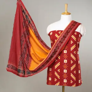 Red - 3pc Sambalpuri Ikat Weave Handloom Cotton Suit Material Set
