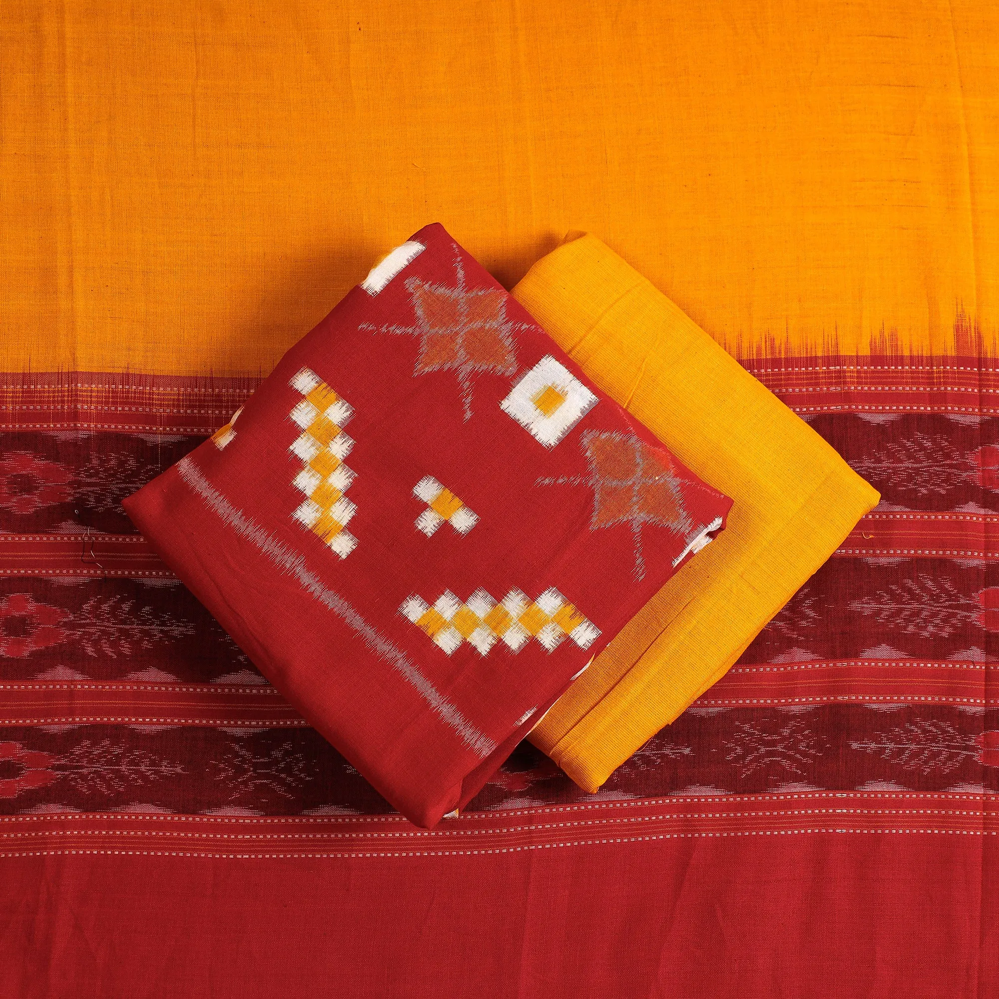 Red - 3pc Sambalpuri Ikat Weave Handloom Cotton Suit Material Set