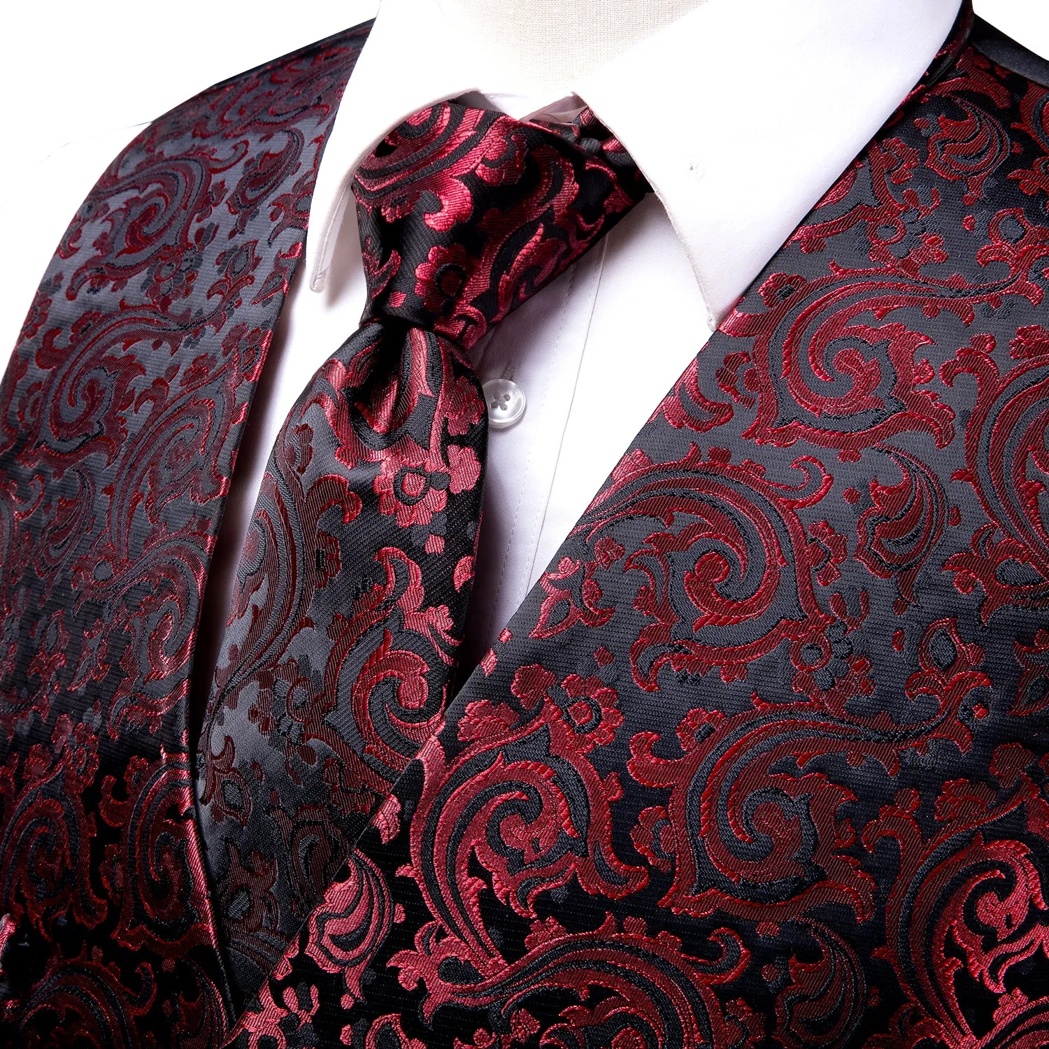 Red Black Paisley Jacquard Silk Men's Vest Hanky Cufflinks Tie Set