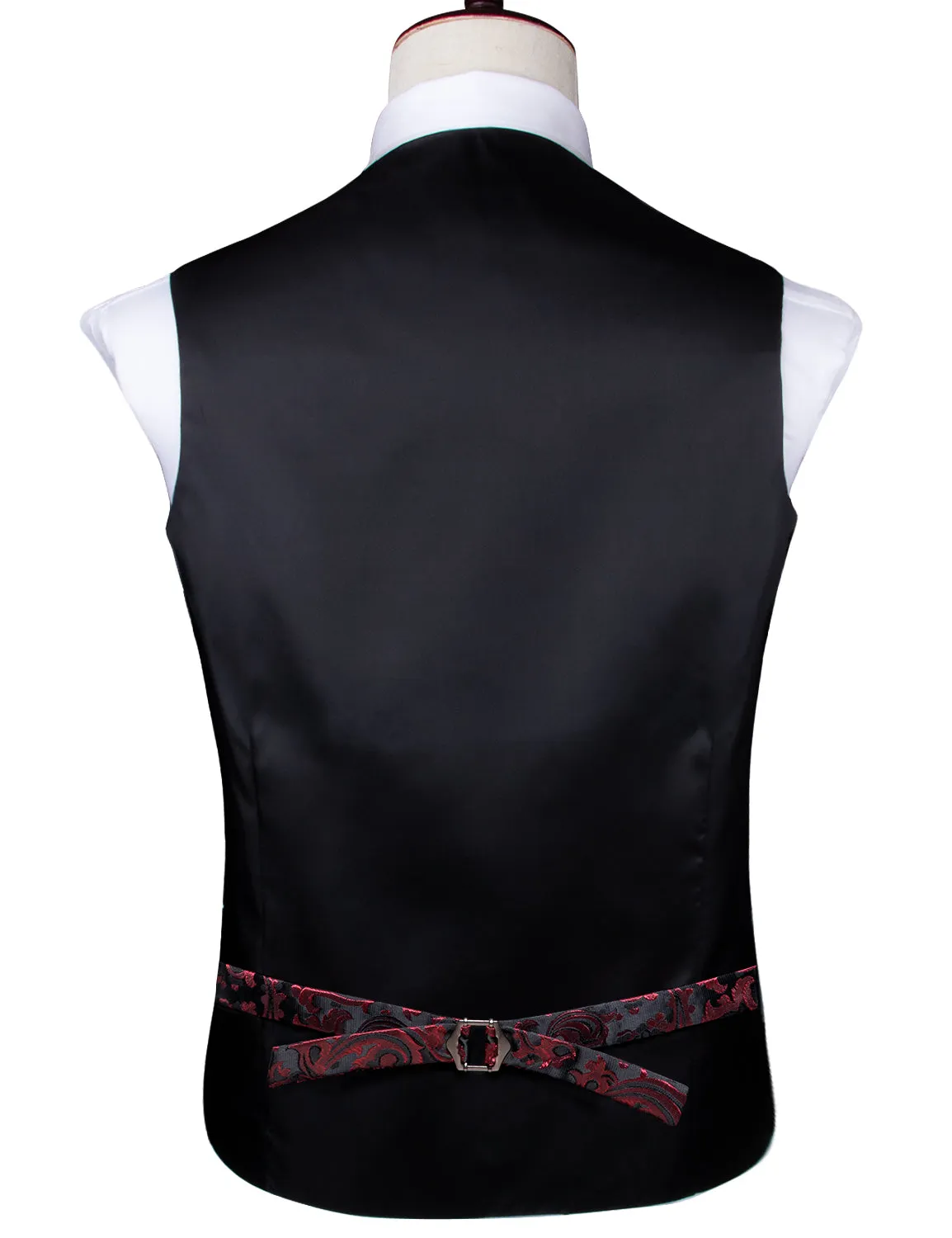 Red Black Paisley Jacquard Silk Men's Vest Hanky Cufflinks Tie Set