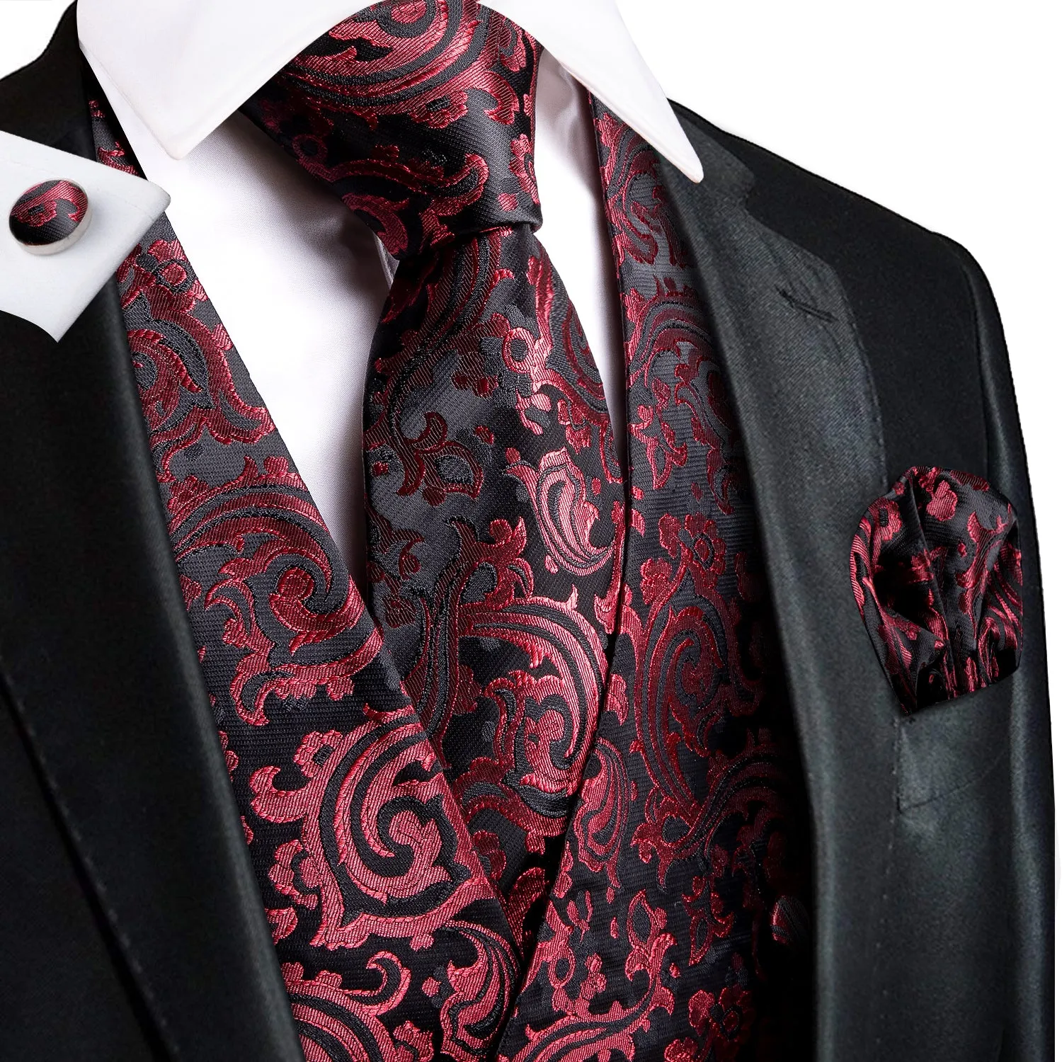 Red Black Paisley Jacquard Silk Men's Vest Hanky Cufflinks Tie Set