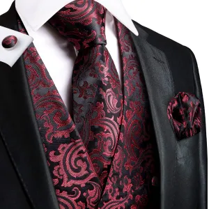 Red Black Paisley Jacquard Silk Men's Vest Hanky Cufflinks Tie Set