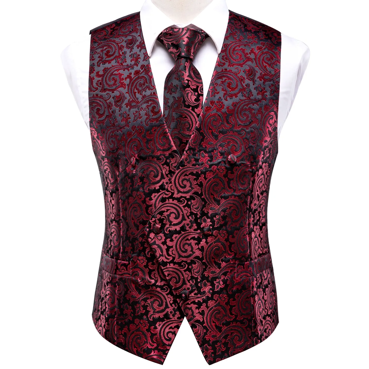 Red Black Paisley Jacquard Silk Men's Vest Hanky Cufflinks Tie Set