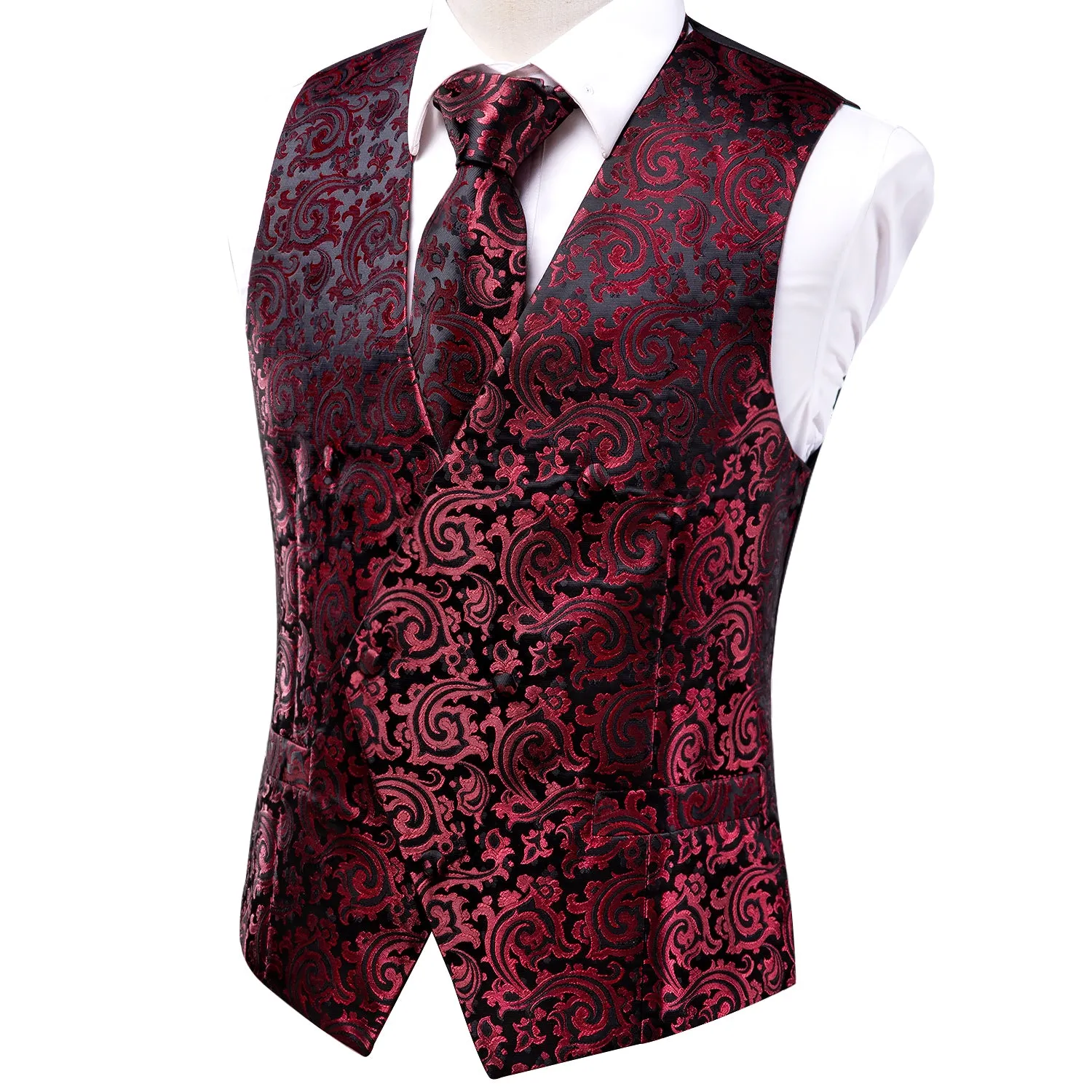 Red Black Paisley Jacquard Silk Men's Vest Hanky Cufflinks Tie Set