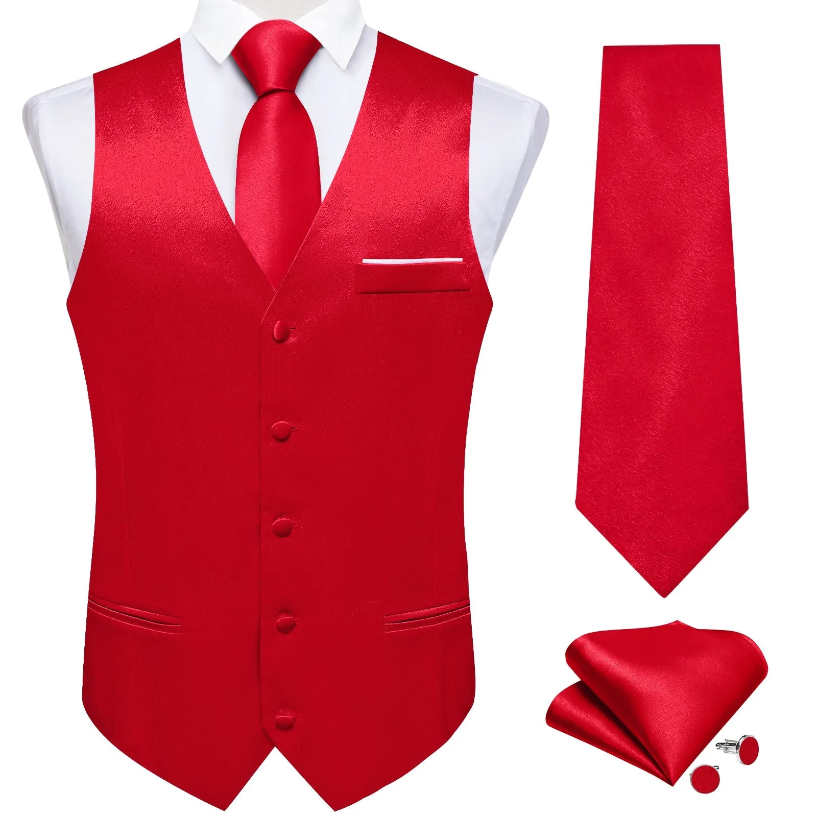 Red Solid Shining Silk Formal Men's Vest Hanky Cufflinks Tie Set