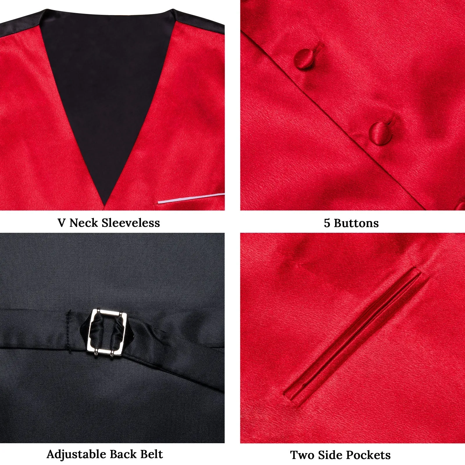 Red Solid Shining Silk Formal Men's Vest Hanky Cufflinks Tie Set