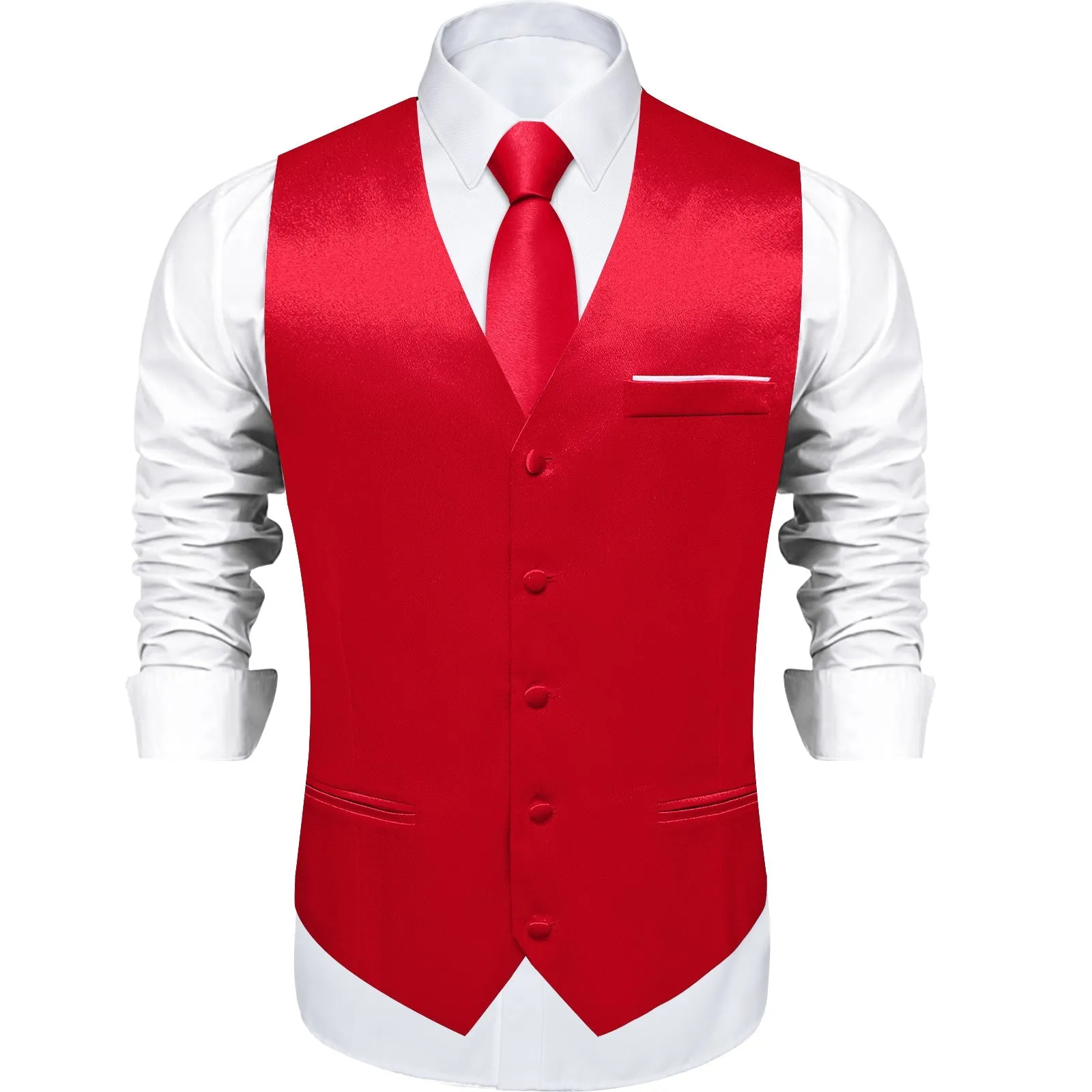 Red Solid Shining Silk Formal Men's Vest Hanky Cufflinks Tie Set