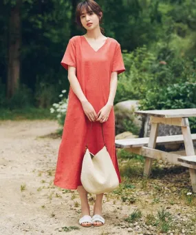 Red V-Neck Summer Linen Women Dresses 5735