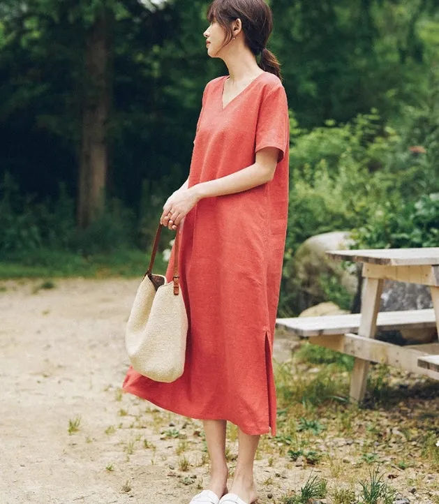 Red V-Neck Summer Linen Women Dresses 5735