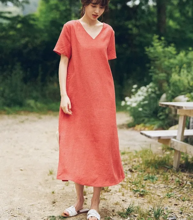 Red V-Neck Summer Linen Women Dresses 5735