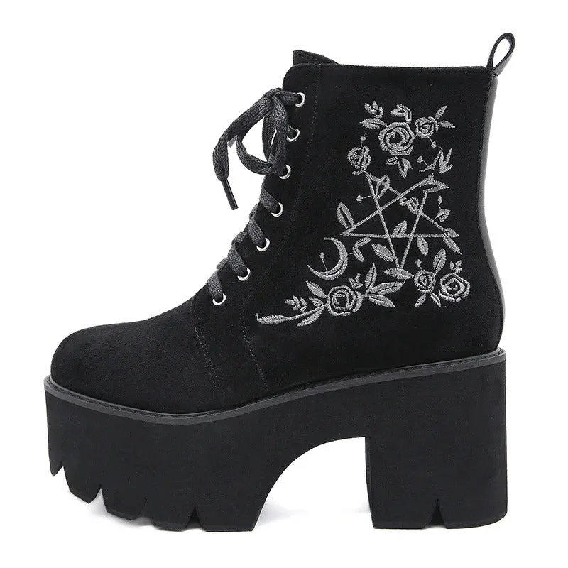 Retro Embroidered Flower Lace-up Vegan Leather Chunky Heel Ankle Boots